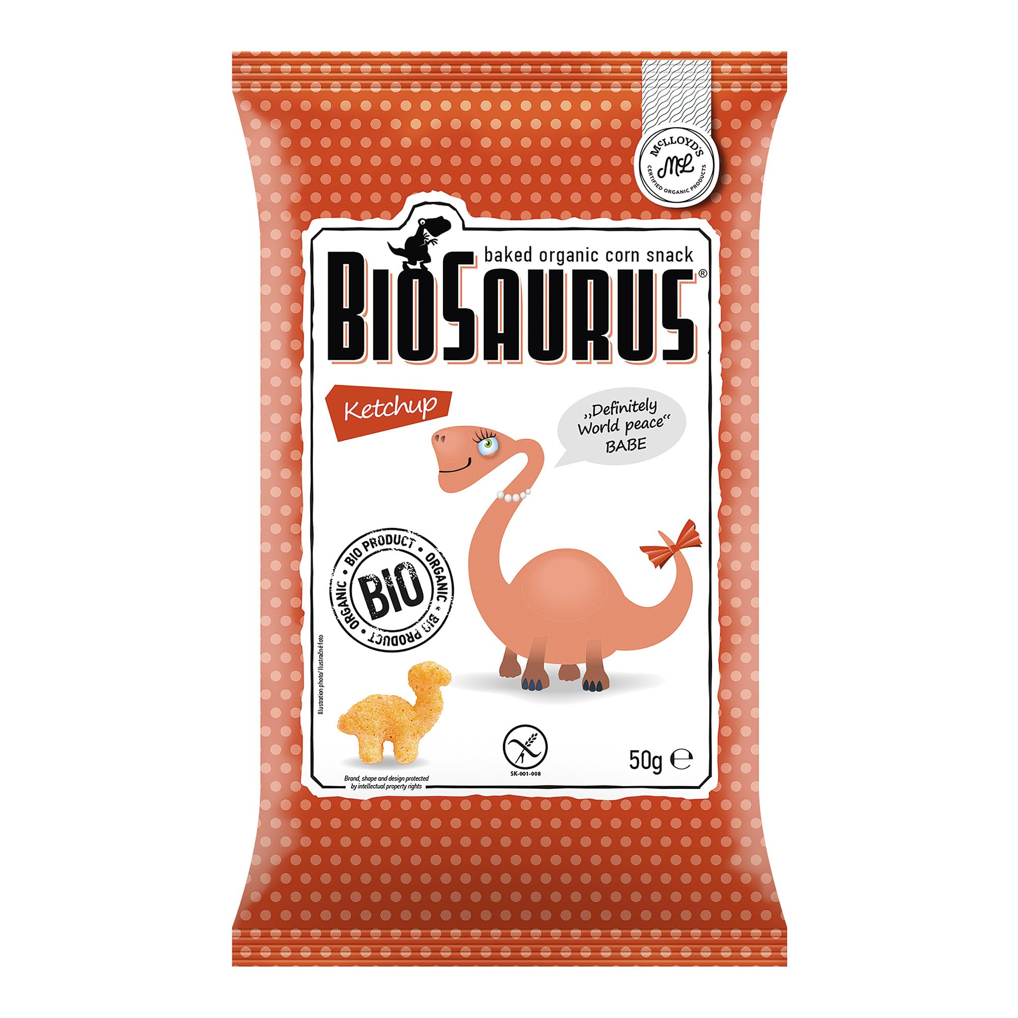 Biosaurus - Pack de 12 Bolsas de 50 Gr - Snack Ecológico de Maiz con Ketchup - Apto para Veganos