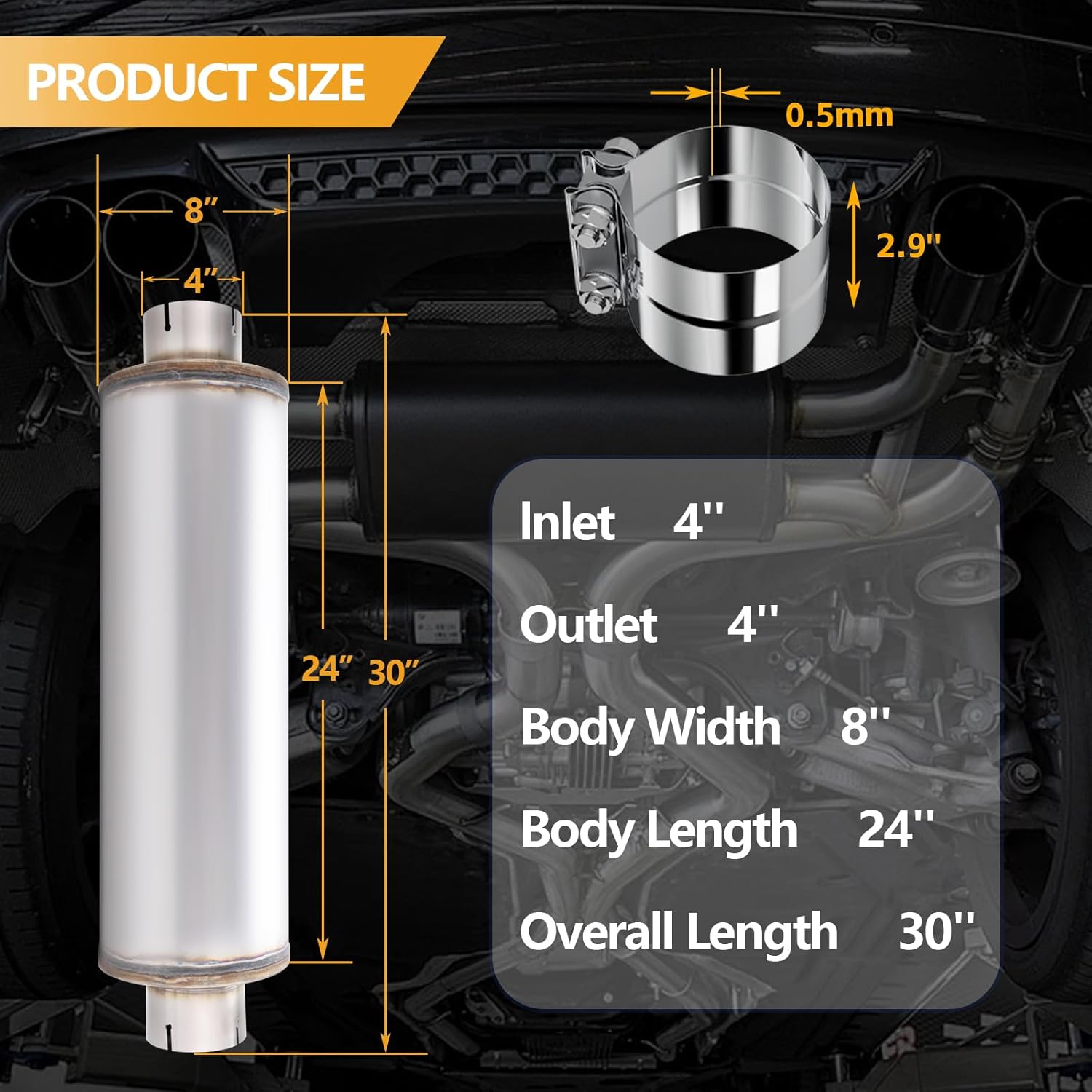 4 Inch Exhaust Muffler with Clamp, 4" Inlet/Outlet 30" Overall Length Resonator, Stainless Steel Straight Through Design Performance Muffler with Clamp, 1 PC