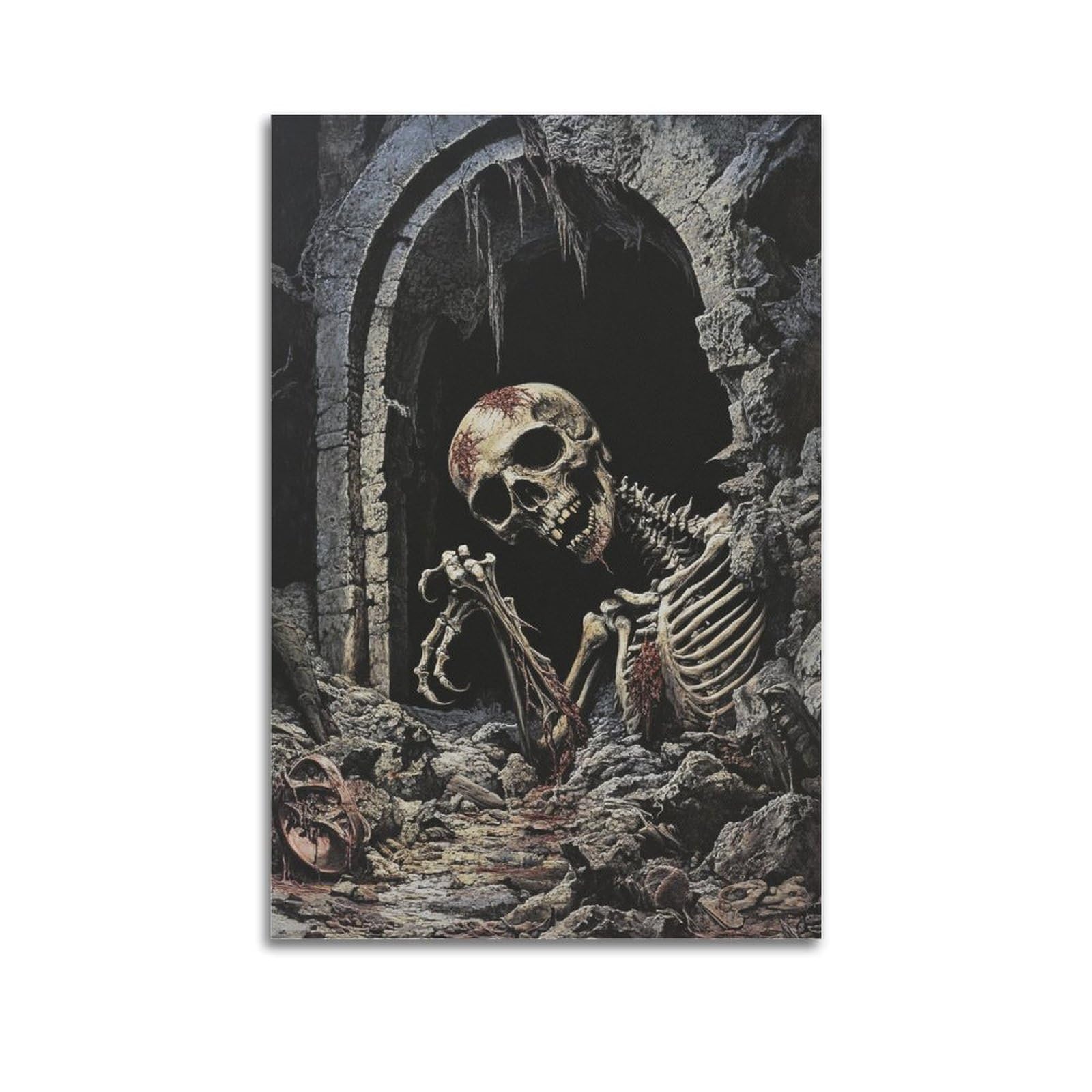 Xgkjds Unframe-Style Creepy Skeleton In Ruined Archway, Macabre Art Piece Canvas Wall Art Modern Mural Decorative Painting Artwork 12X18inch(30X45cm)