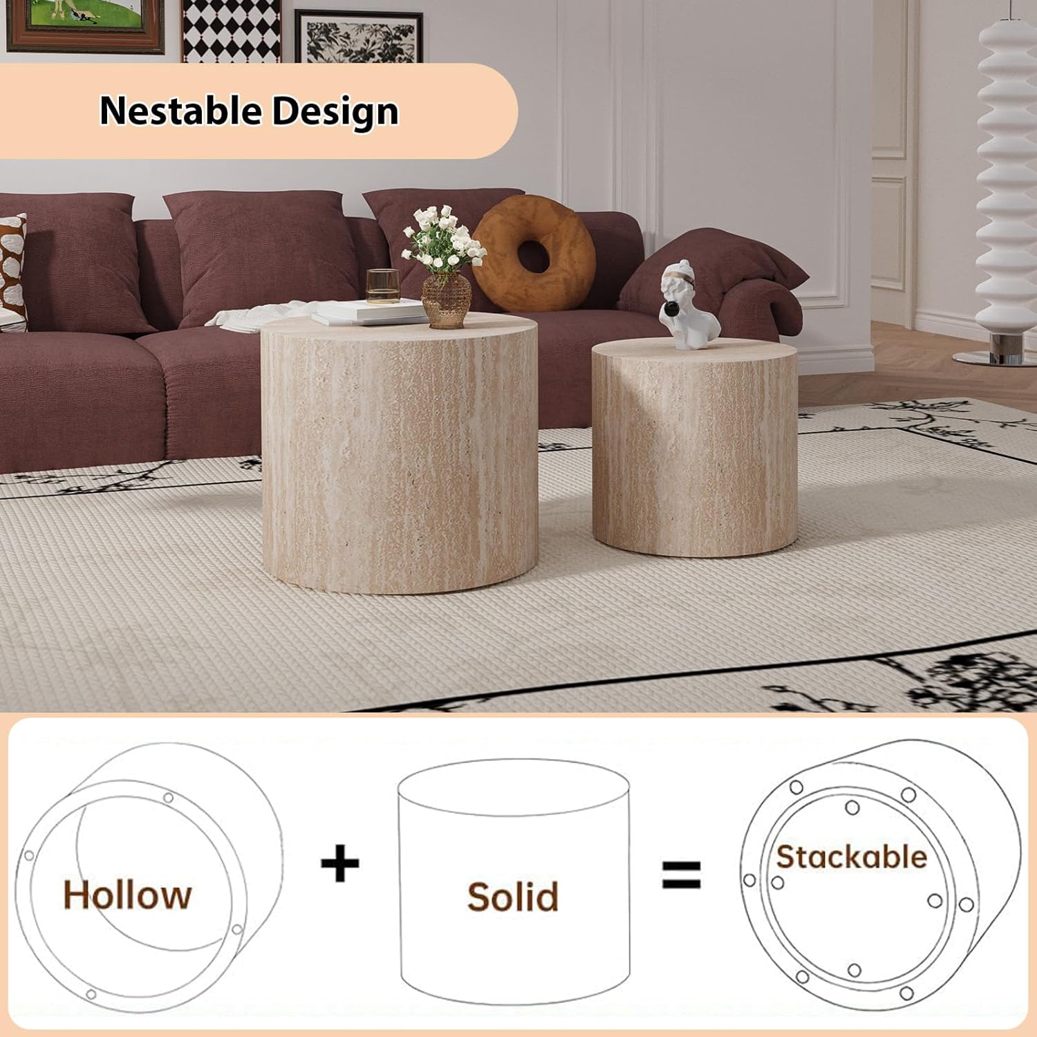 Modern Nesting Coffee Table Set of 2 Round Nested Coffee Tables Minimalist Circle Coffee Tables and End Table for Small Spaces, Living Room Or Bedroom (Travertine)