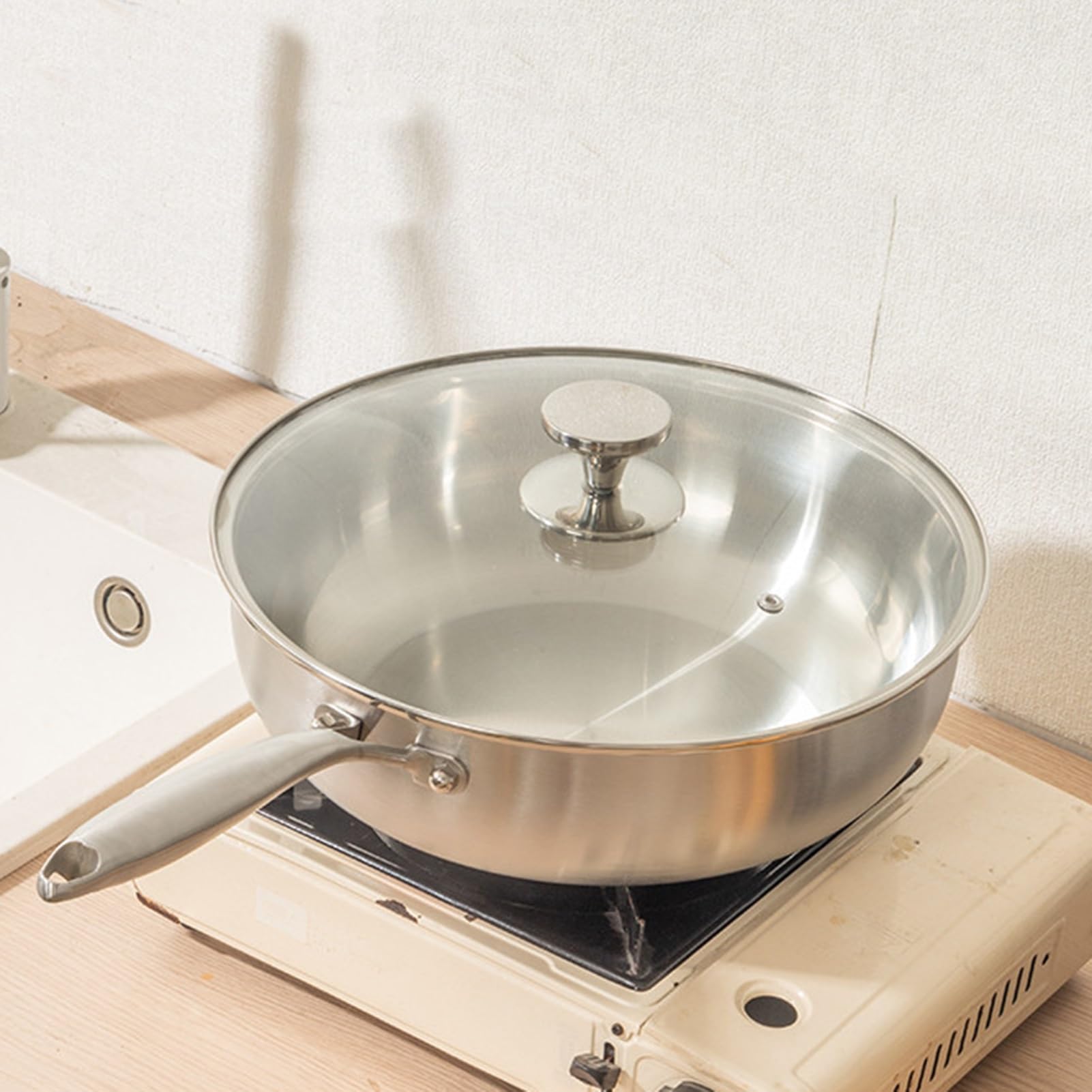 Generico Wok, Resistente Al Forno, In Acciaio Inossidabile Pre-stagionato Con Coperchio, Sicuro For Le Alte Temperature Compatibile Tutti I Piani Cottura(26cm)