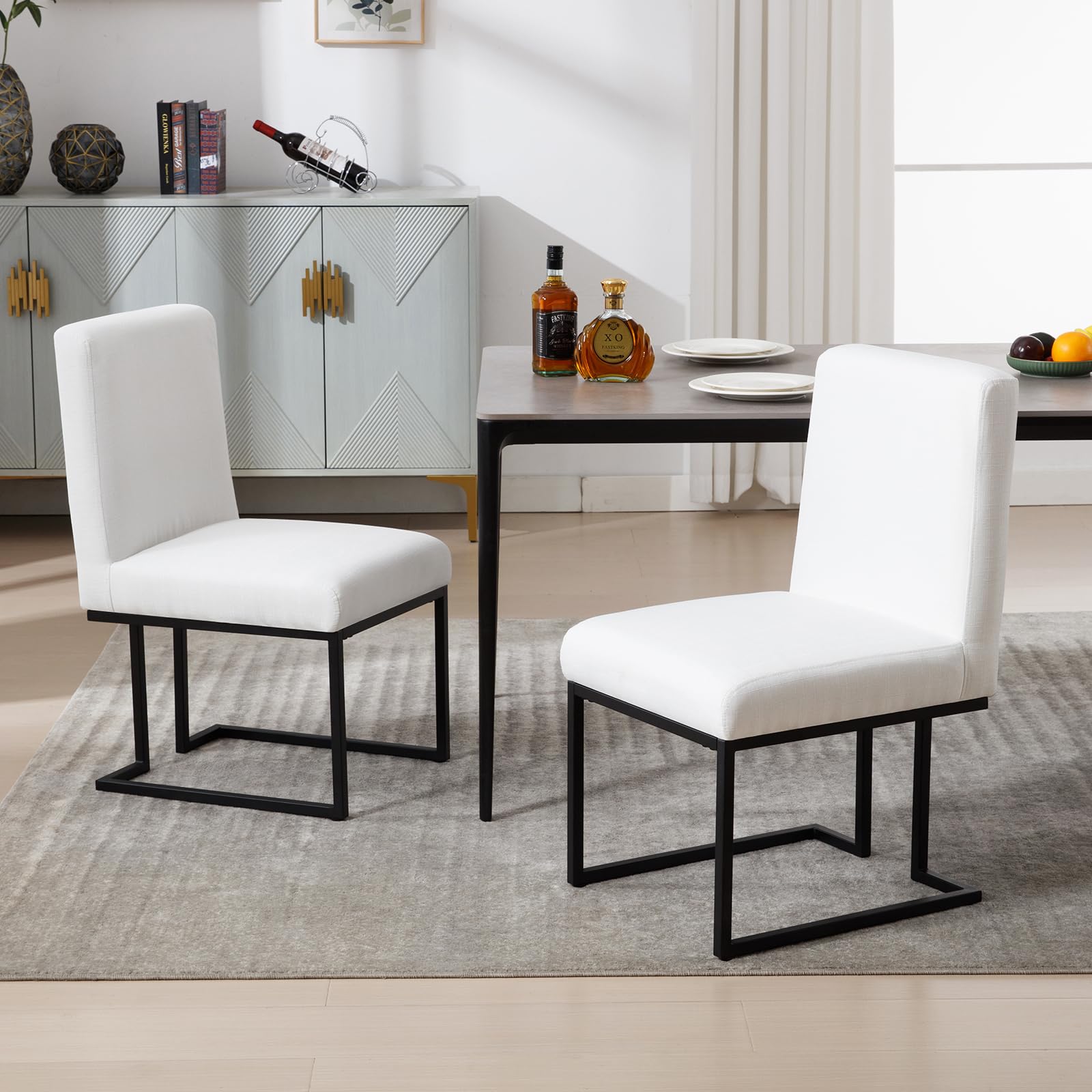 Chummaven Modern Linen Dining Chairs Set of 2 Industrial Heavy Duty Kitchen Chairs with Metal Frame Upholstered Dining Room Chairs Armless Padded Side Chairs for Restaurant Living Room, White