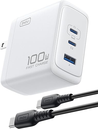 INIU Cargador para iPhone 17, 3 puertos de 100 W USB-C + USB-A, cargador rápido compacto plegable USBC para iPhone 17 16 15 Pro Max, MacBook Air M4,