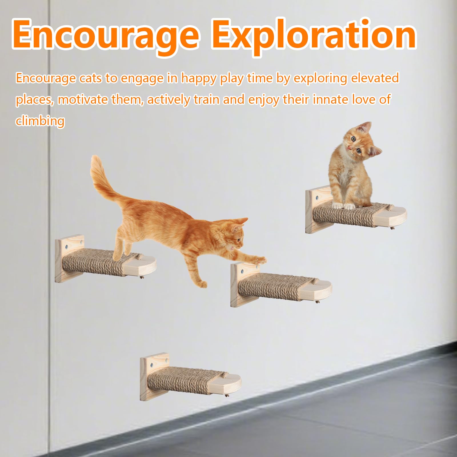 4 in 1 Kletterwand für Katzen Katzentreppe Wand, Wandliege mit Juteseil zum Kratzen, Katzentreppe Plattform aus Massives Gummiholz, für Katze Klettern Spielen, Maximale Tragfähigkeit 35kg