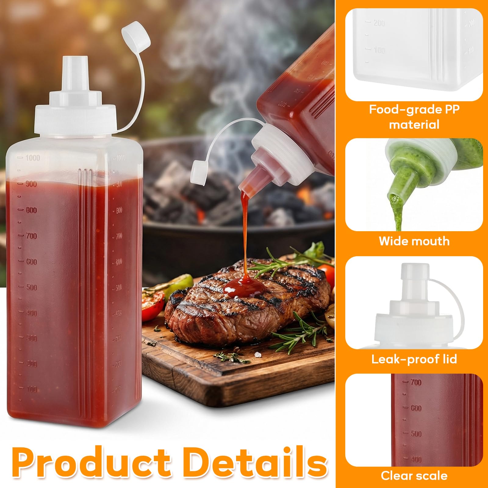 3 Stück Quetschflasche, 1000ML Breiter Mund Plastik Squeeze Flasche mit Kappen, Etiketten & Bürste, Saucenflasche Dosierflasche Kein Leck Spender für Ketchup Scharfe Soßen Olivenöl Malen