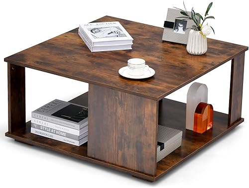 Miniatura 1 de Giantex 32 Square Coffee Table 2-Tier Tea Table with Storage Shelf Wood Modern Square Cocktail Table Industrial Accent Table Home Center Table Ideal