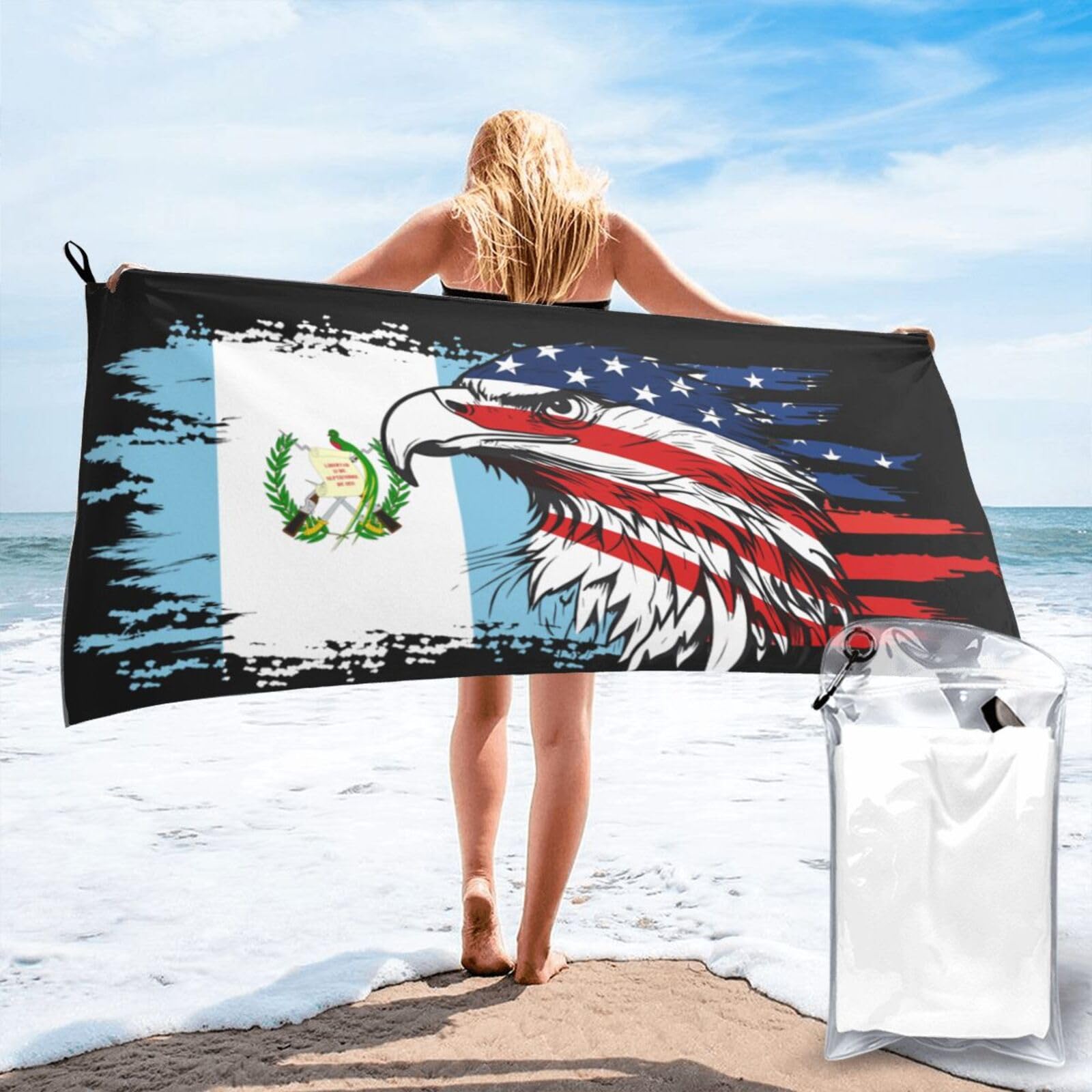 HACXZ America Flag and Guatemala Flag Microfiber Beach Towel Lightweight Absorbent Travel Pool for Men Women 27.5"X55"