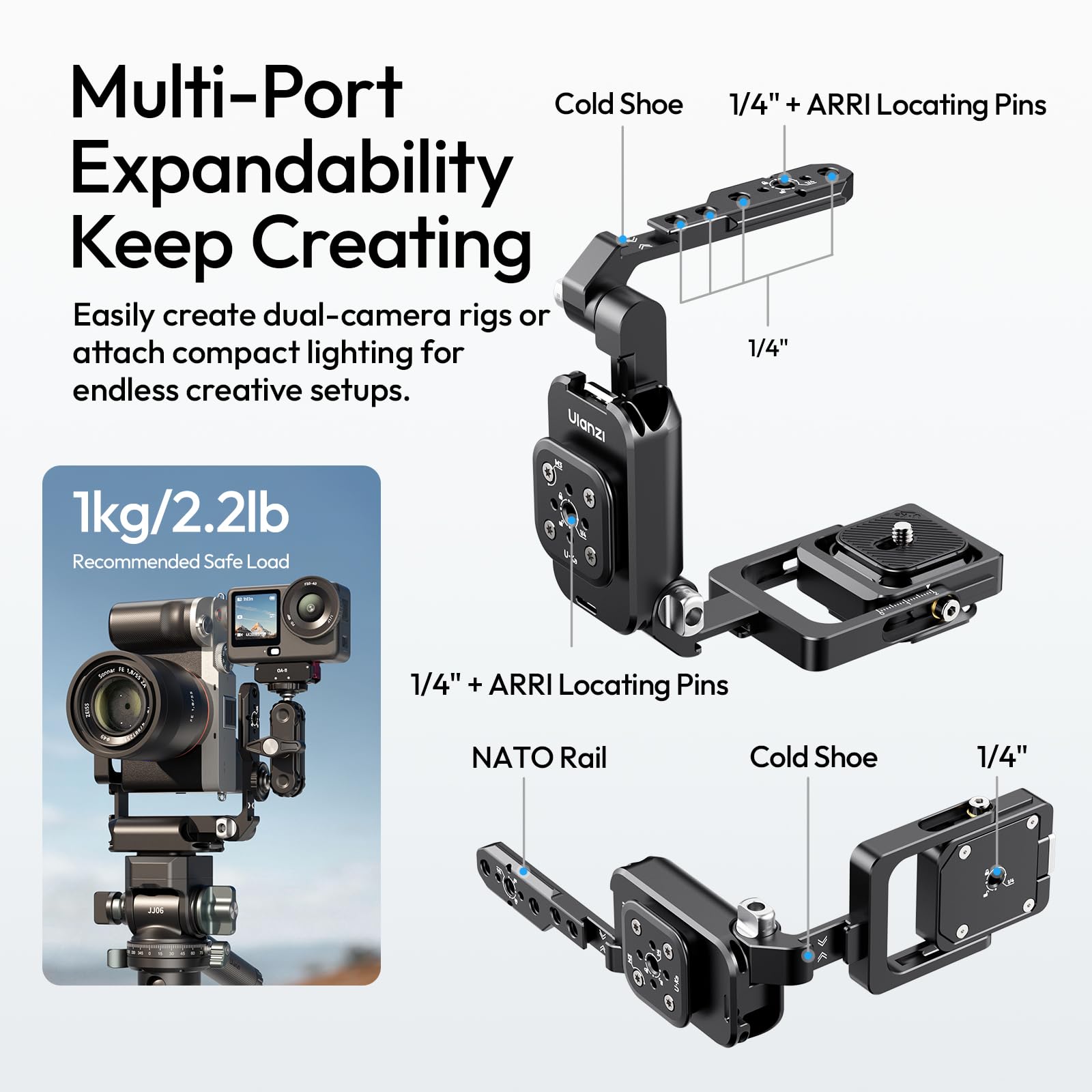 ULANZI XJ01 Universeller Faltbarer Kamerakäfig, portabler Top-Handle & Videokameragriff, Uka-Schnellwechsel mit 1/4" & Kaltgeräteschuhen, NATO-Schienen & ARRI, kompatibel mit DSLR und Camcordern