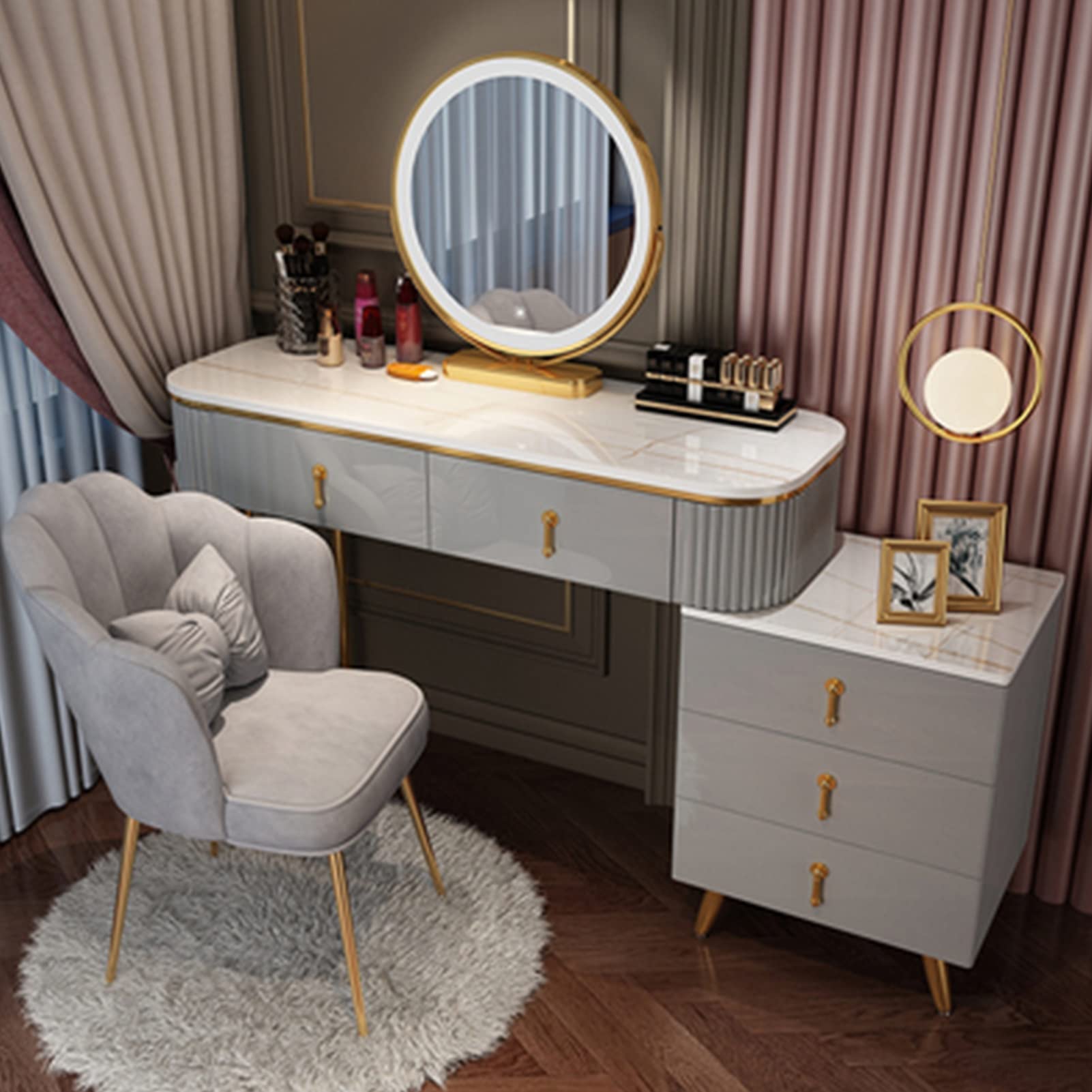 asdchZen Modern Dressing Table Set With Led Light Mirror, Movable Nightstand, Cushioned Stool, Stylish Makeup Vanity For Women & Girls-White, 100Cm/39.3In,Gray B-100cm/39.3in