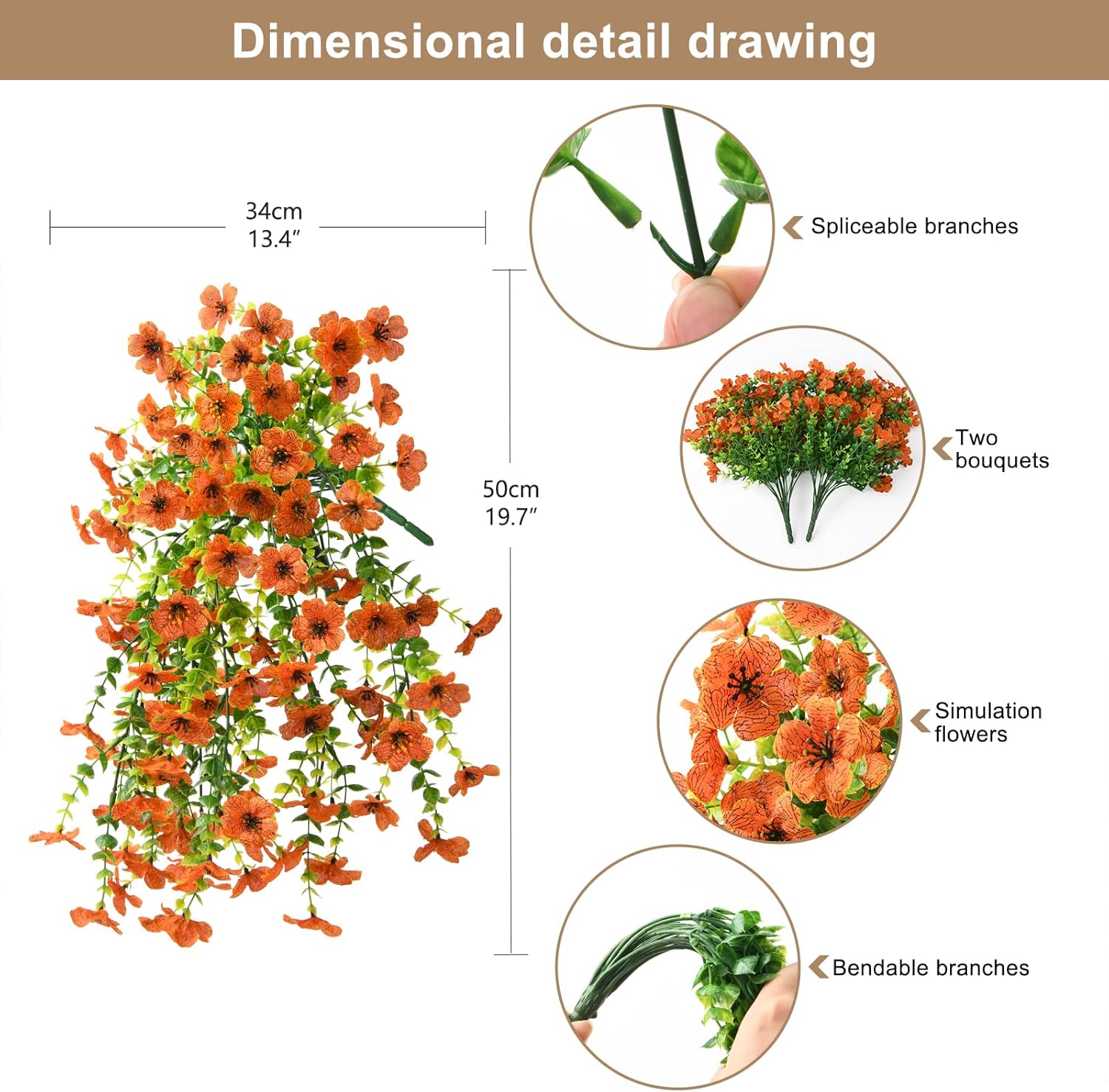 Artificial Hanging Flowers Plants for Outdoor Fall Decoration, 2PCS Faux Silk Daisy UV Resistant Look Real for Outside Home Indoor Planter Porch Window Yard Autumn Decor(Orange) - Image 2