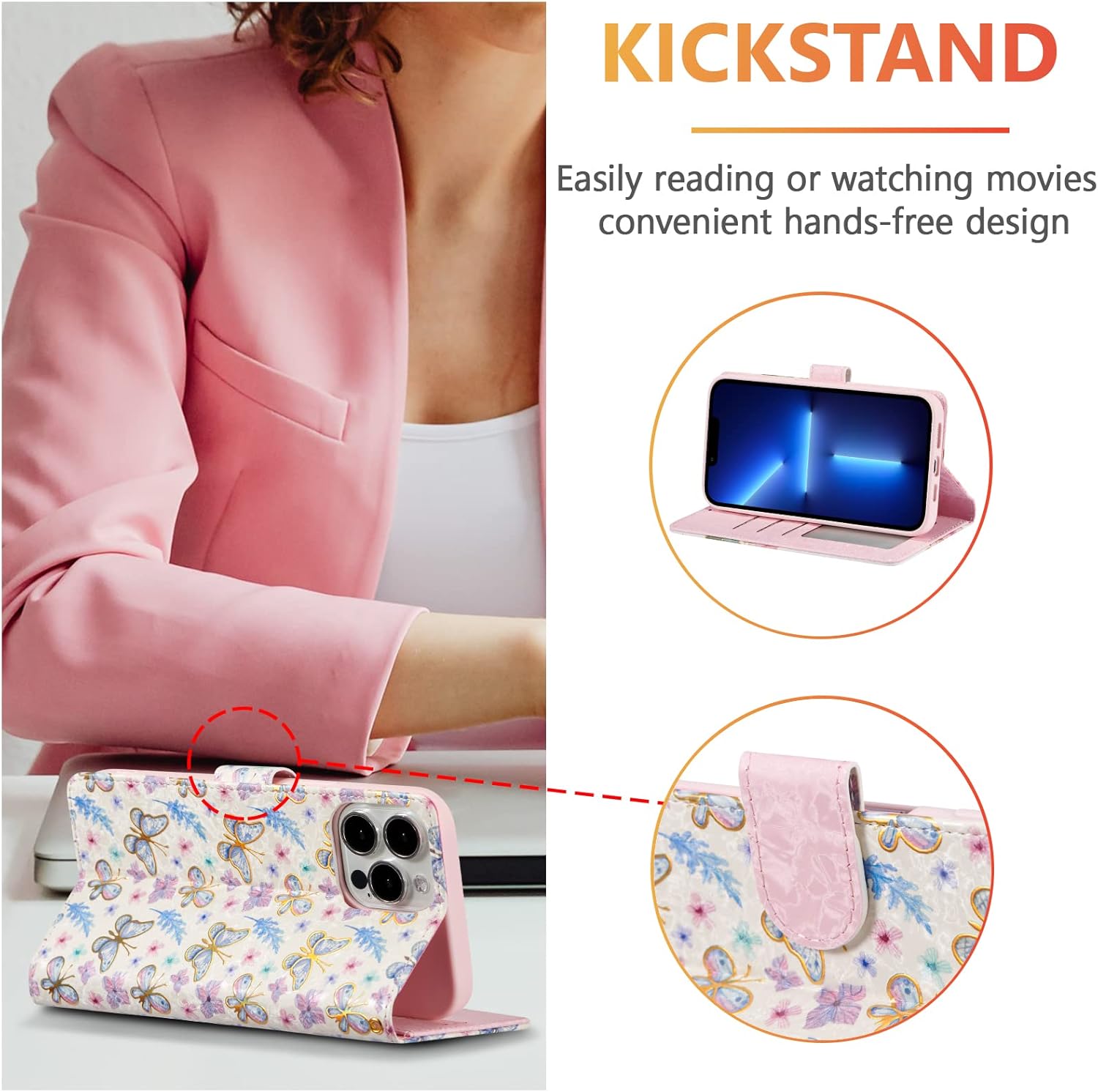 UEEBAI Wallet Case for iPhone 14 Pro Max 6.7 inch, PU Leather Phone Case Kickstand RFID Blocking Flip Case Card Slot Wrist Strap Relief Engraved Pattern Magnetic Closure Flower Folio Case, Butterfly - Image 2