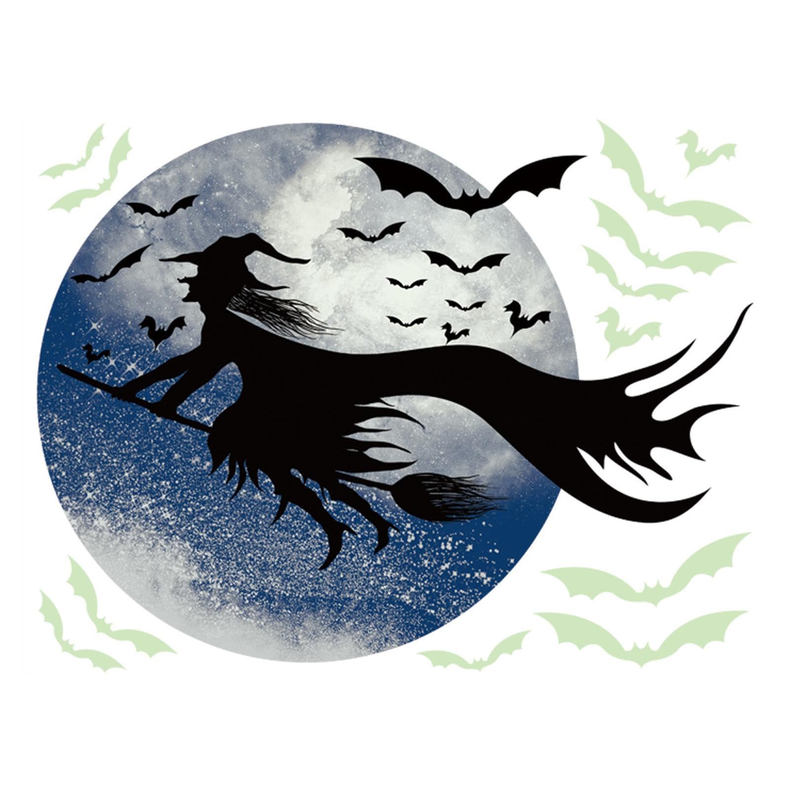 Cypreason Dark/Green/Light Witch Wall Sticker, Witch Moon Bat Halloween Wall Sticker - Horror Stickers, Witch Stickers, Bats, Large Halloween Window Decorations For Window Wall