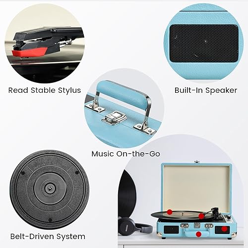 Miniatura 3 de Hododou - Reproductor de discos de vinilo de 3 velocidades con Bluetooth, maleta portátil, tocadiscos USB con altavoces integrados, tocadiscos LP de