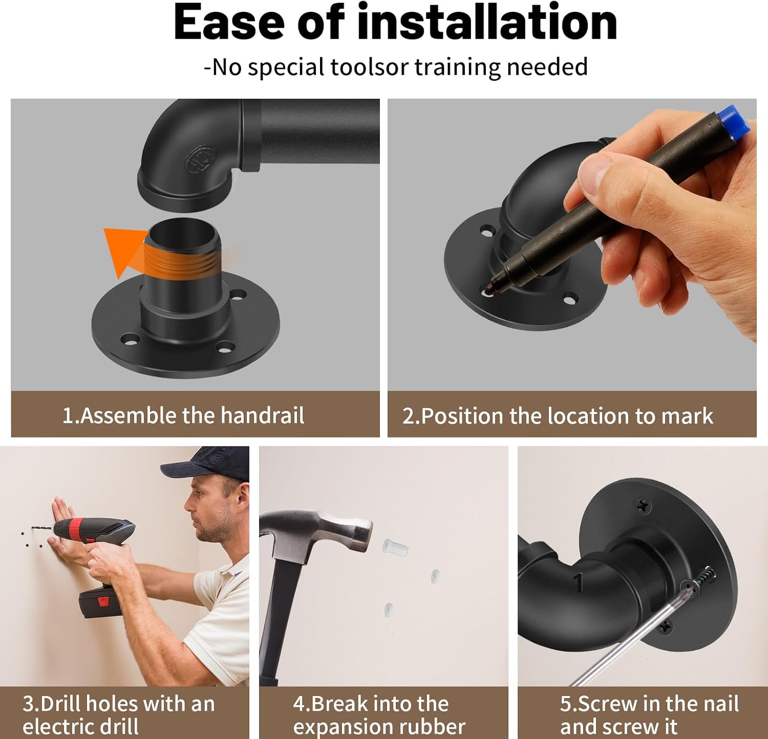 Wall Mount Industrial Staircase Handrails 9FT, 1.3" Hand Rails for Indoor Stairs,Black Galvanized Pipe Stair Handrail,Grab Bar for Steps,Stair Railing Indoor