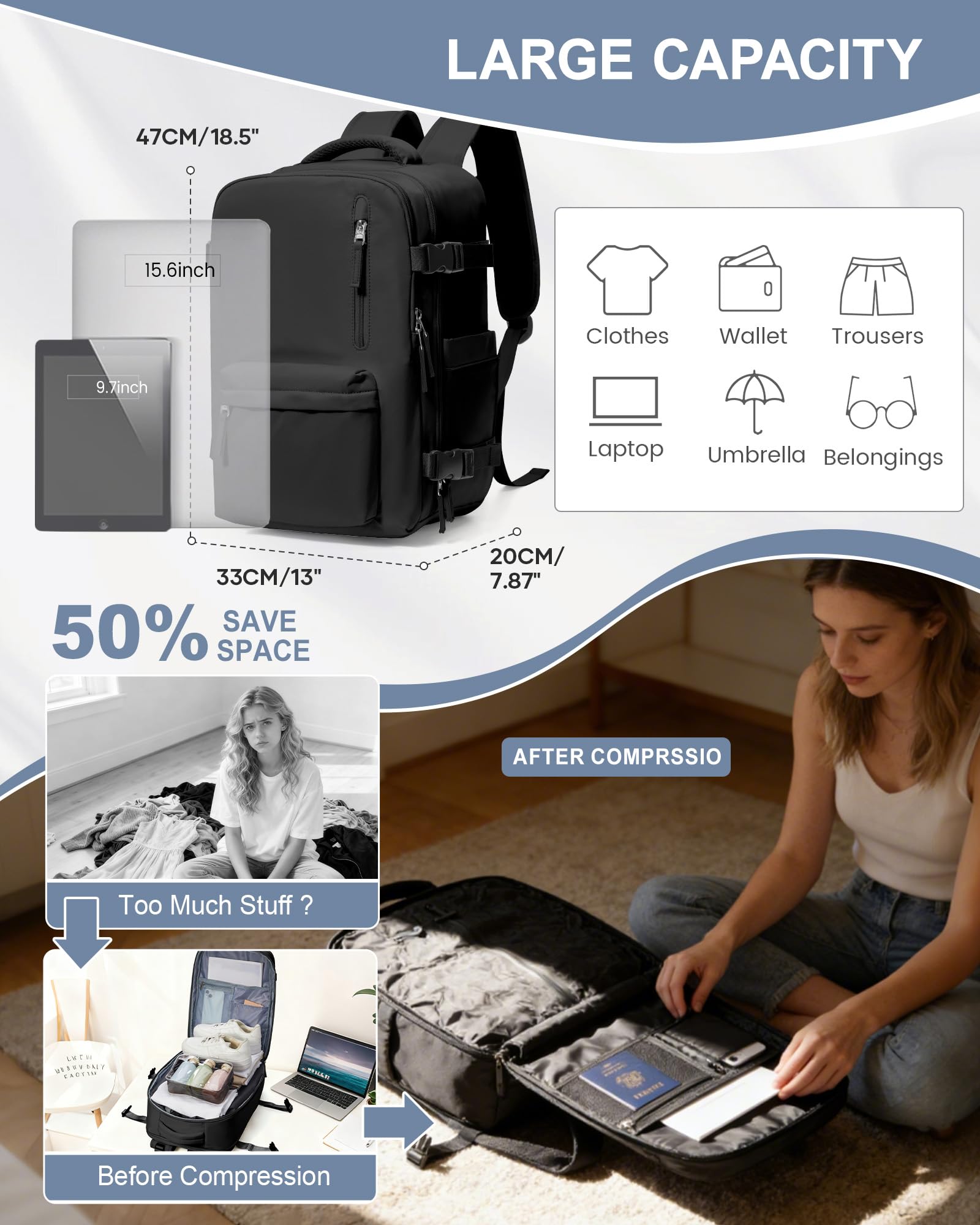 SEAFEW Sac à dos sous vide de voyage avec pompe, Cabine Avion Bagage cabine à main para Easyjet 45x36x20 avec compression pour homme et femme Sac de Voyage pour Week-End,G01-Noir