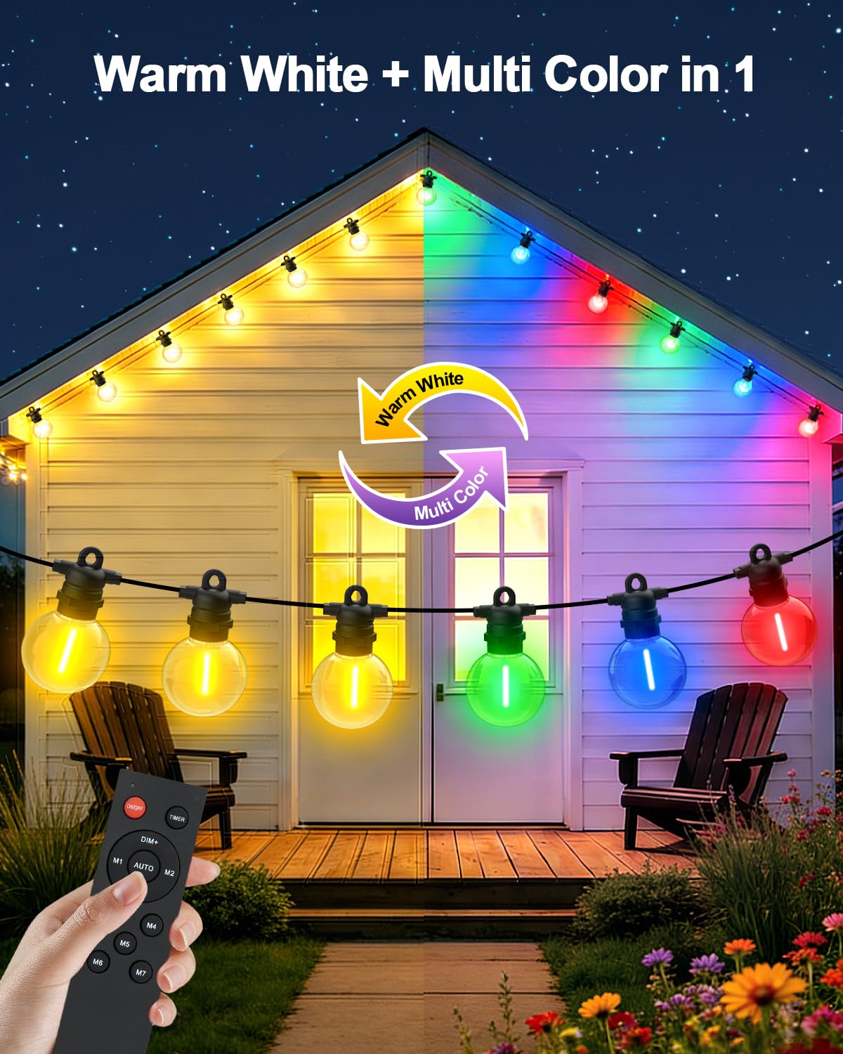 Cadena de luces LED para exteriores, luz blanca cálida y cambio de color, 15 m, 24 bombillas, 8 modos, cadena de luces para exteriores con mando a distancia, IP68 G40, cadena de luces para