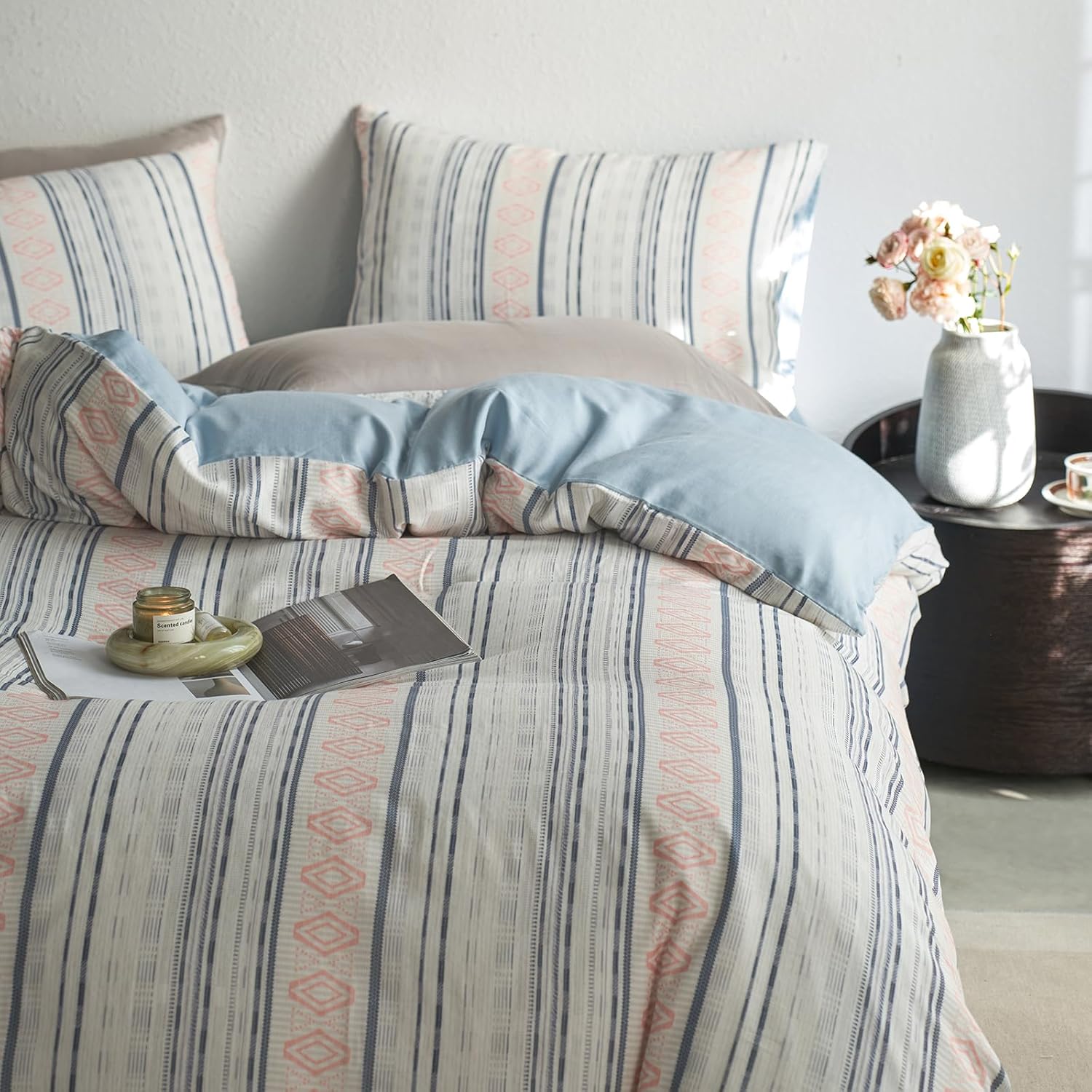 EAVD Boho Blue Geometric Stripes Duvet Cover King Soft Eucalyptus Lyocell Cotton Blend Silky Cooling Comforter Cover Set for Hot Sleeper Modern Geometric Pattern Duvet Cover with Zipper