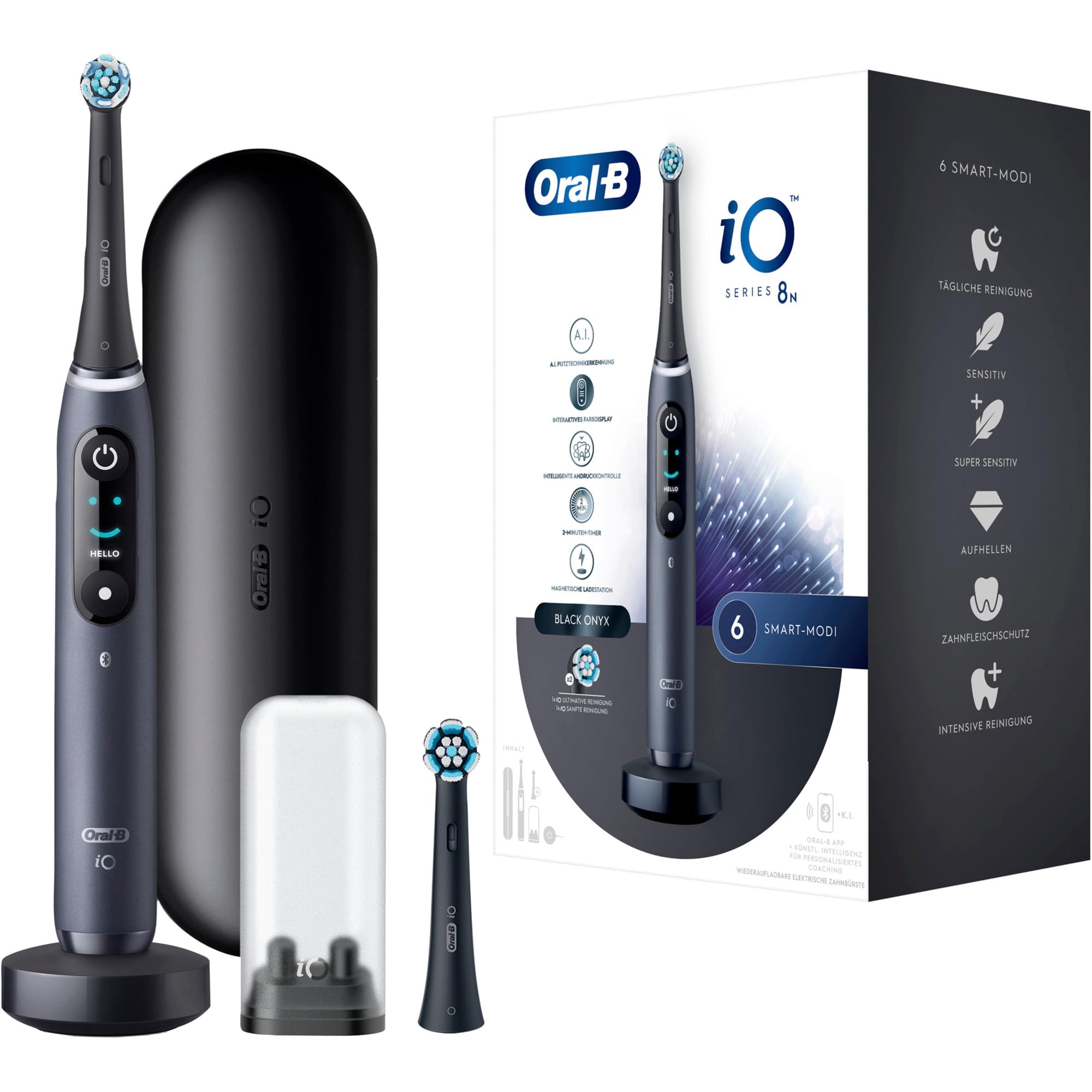 Oral-B iO Series 8 - Cepillo de dientes eléctrico, 2 cabezales de cepillo, 6 modos de cepillado para el cuidado dental, regalo de San ValentÃn para él o ella, pantalla a color y estuche de viaje,