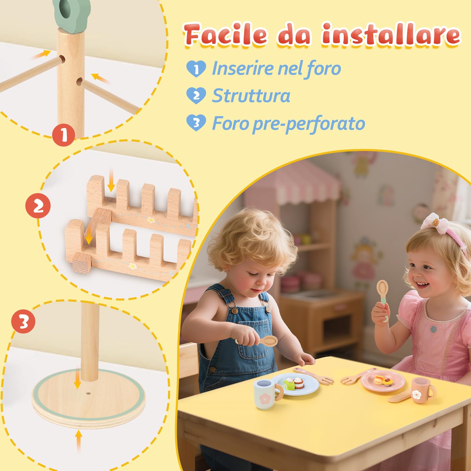 Charmofun Accesorios de Cocinita de Madera para Niños, Juguetes de Cocina de Madera, Accesorios Cocina Juguetes con Platos y Vajilla Regalo para Niñas y Niños de 3 a 8 Años
