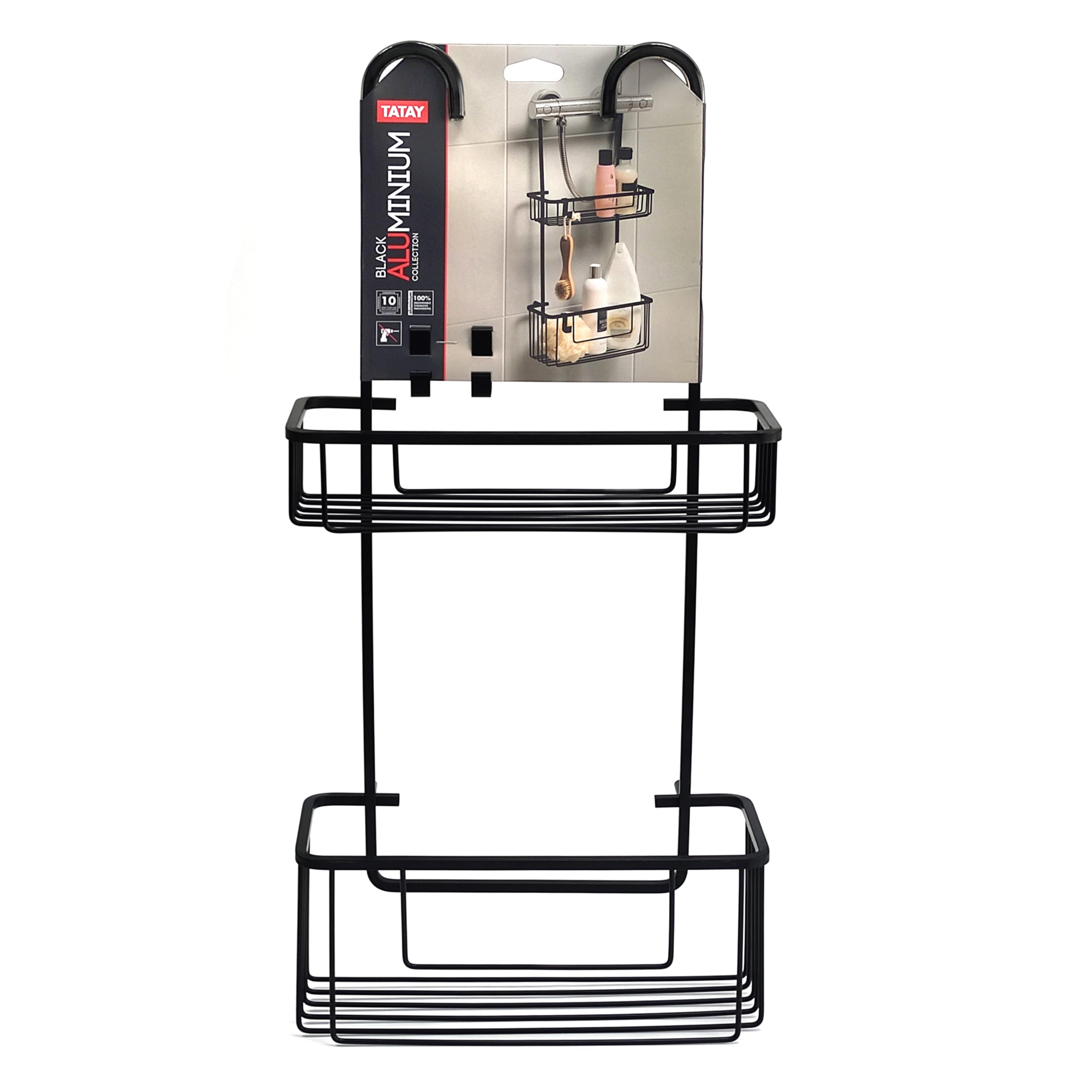 TATAY Porta Sapone per Doccia Appendino Doccia a 2 Livelli in Alluminio | Resiste Umidità e Corrosione | Supporta 8 kg | Installazione Facile Senza Fori | Design Moderno | 28 x 15,5 x 56 cm – Nero