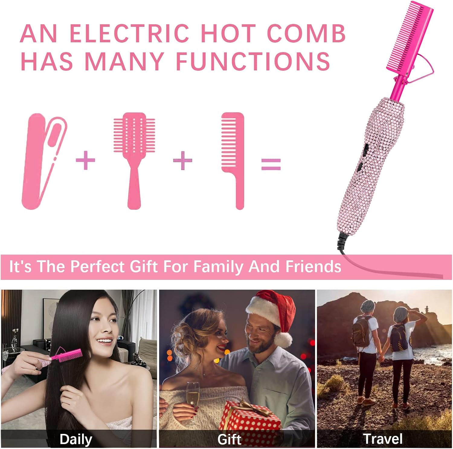 Deluxe Electric Hair Straightener and Curling Comb for Natural Hair and Wigs, 450°F Heat Pressing Comb with Anti-Scald Case (Pink)