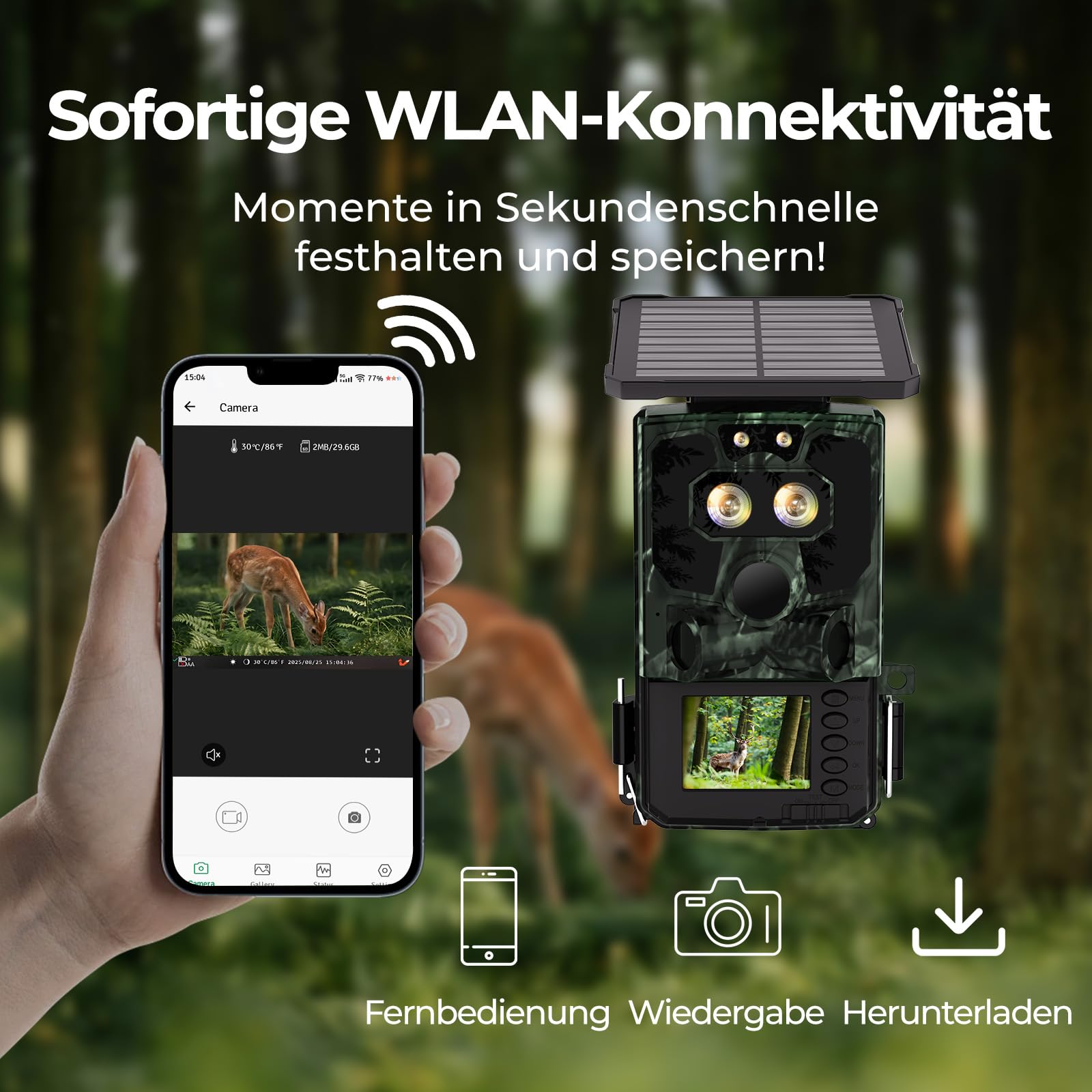 VOOPEAK Duales Objektiv Solar Wildkamera WLAN 4K 60MP, Sternenlicht Nachtsicht Wildkamera mit Handyübertragung APP, Wildtierkamera mit Nachtsicht Bewegungsmelder 0,1S Auslösezeit IP66 Wasserdicht