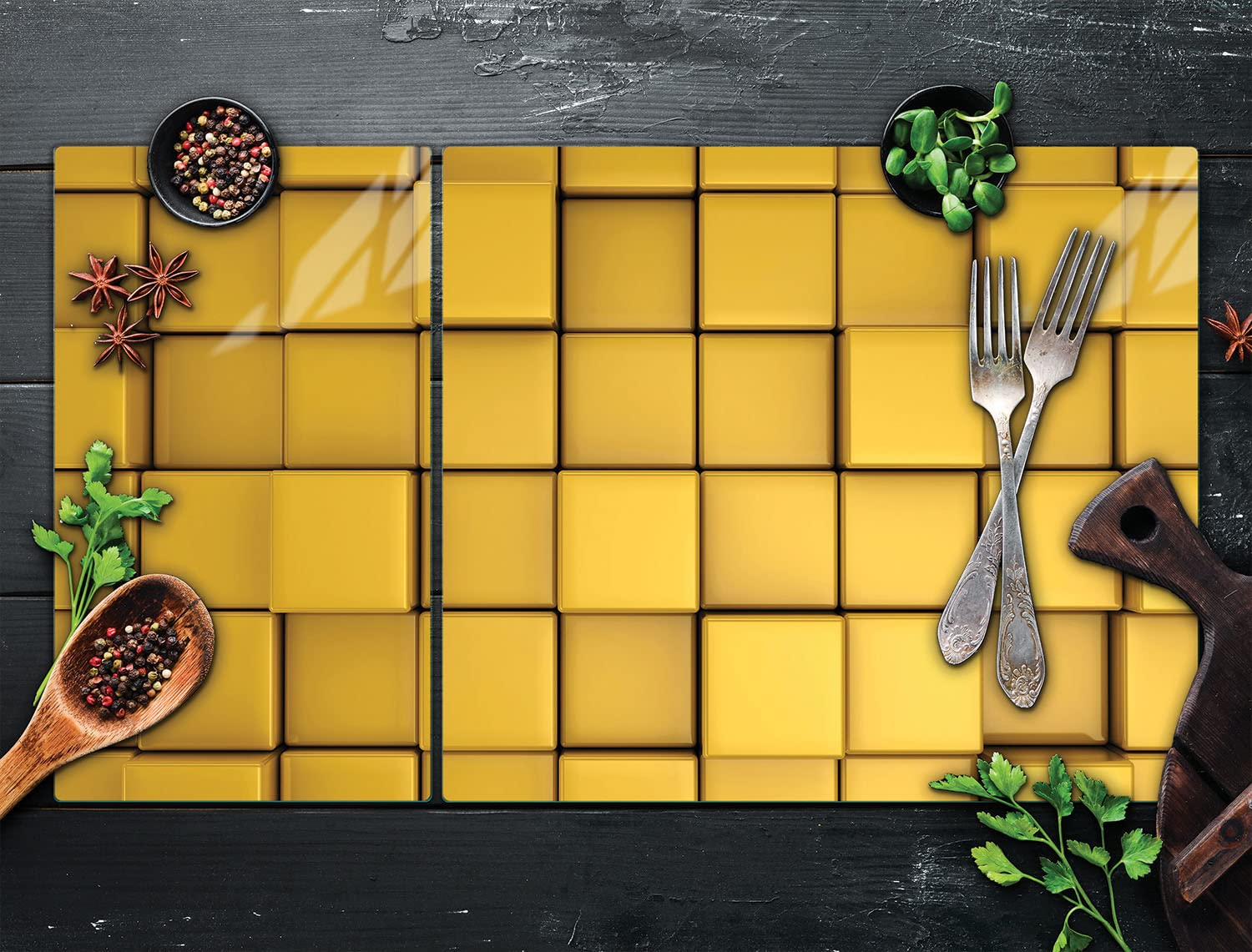 Herdabdeckplatten 90x52 cm 2-teilig Ceranfeldabdeckung Induktion Herdschutz Spritzschutz Glasplatte Deko Schneidebrett, Stück Gelb
