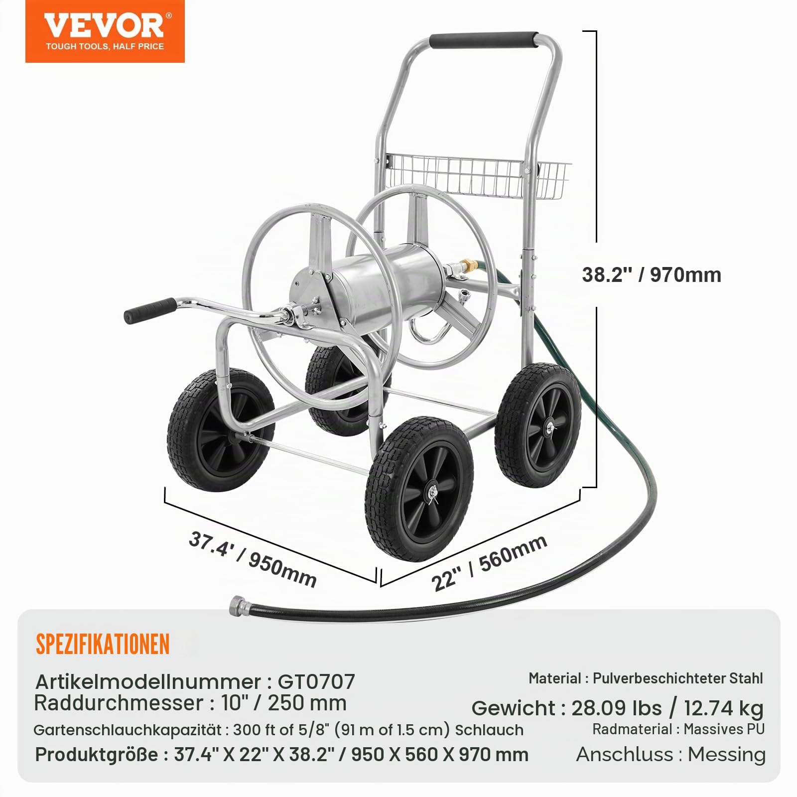 VEVOR Schlauchtrommelwagen, 1,5 cm x 91 m fasst bis zu -Schlauch, mobile Werkzeuge mit 4 Rädern, robuster, pulverbeschichteter Stahl im Freien mit Aufbewahrungskorb, für Garten, Hof, Rasen