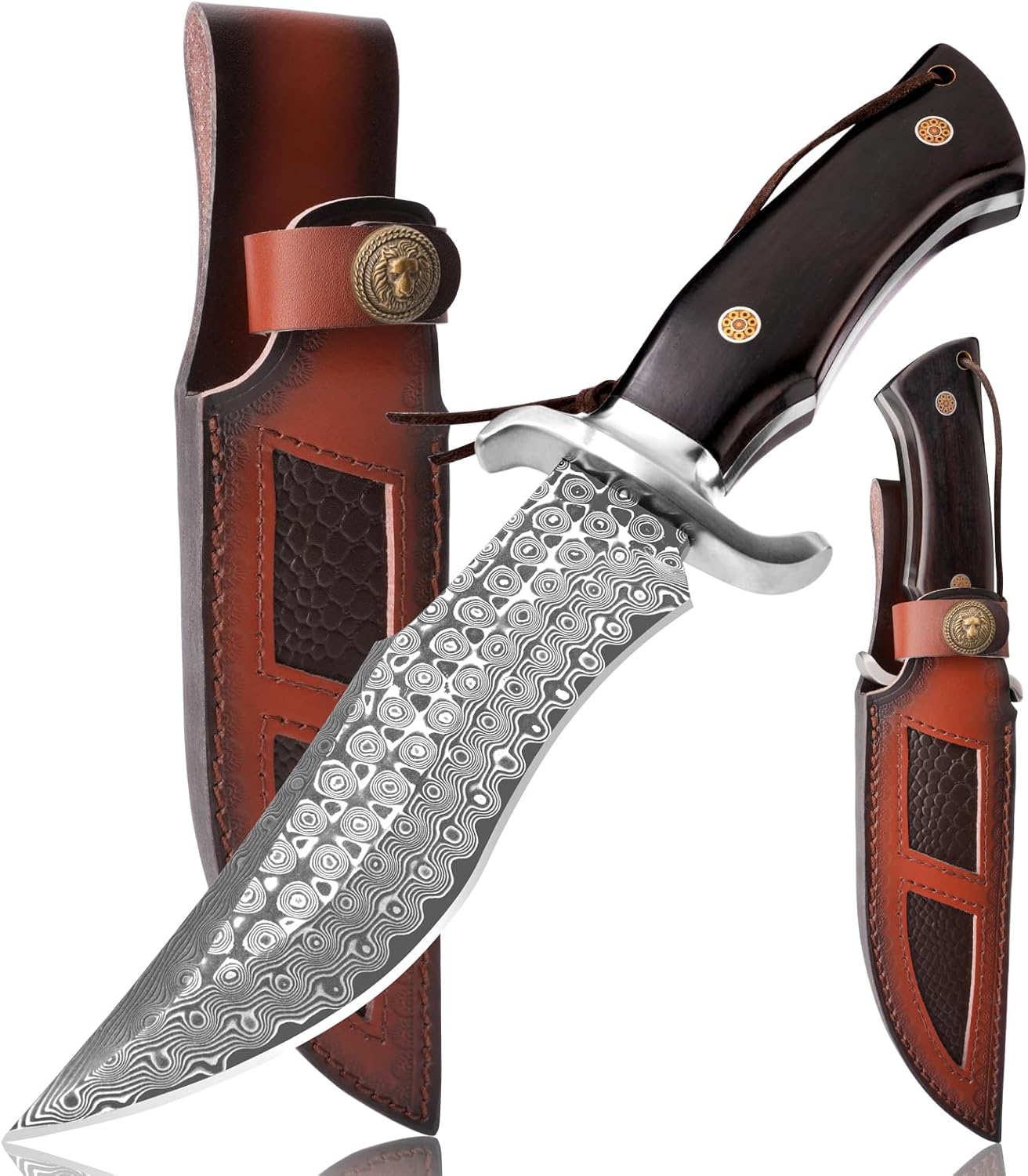 Damascus Hunting Knife P-S, 11.26" Damascus Fixed Blade Bowie Knife with Leather Sheath, Outdoor Survival Camping Hiking
