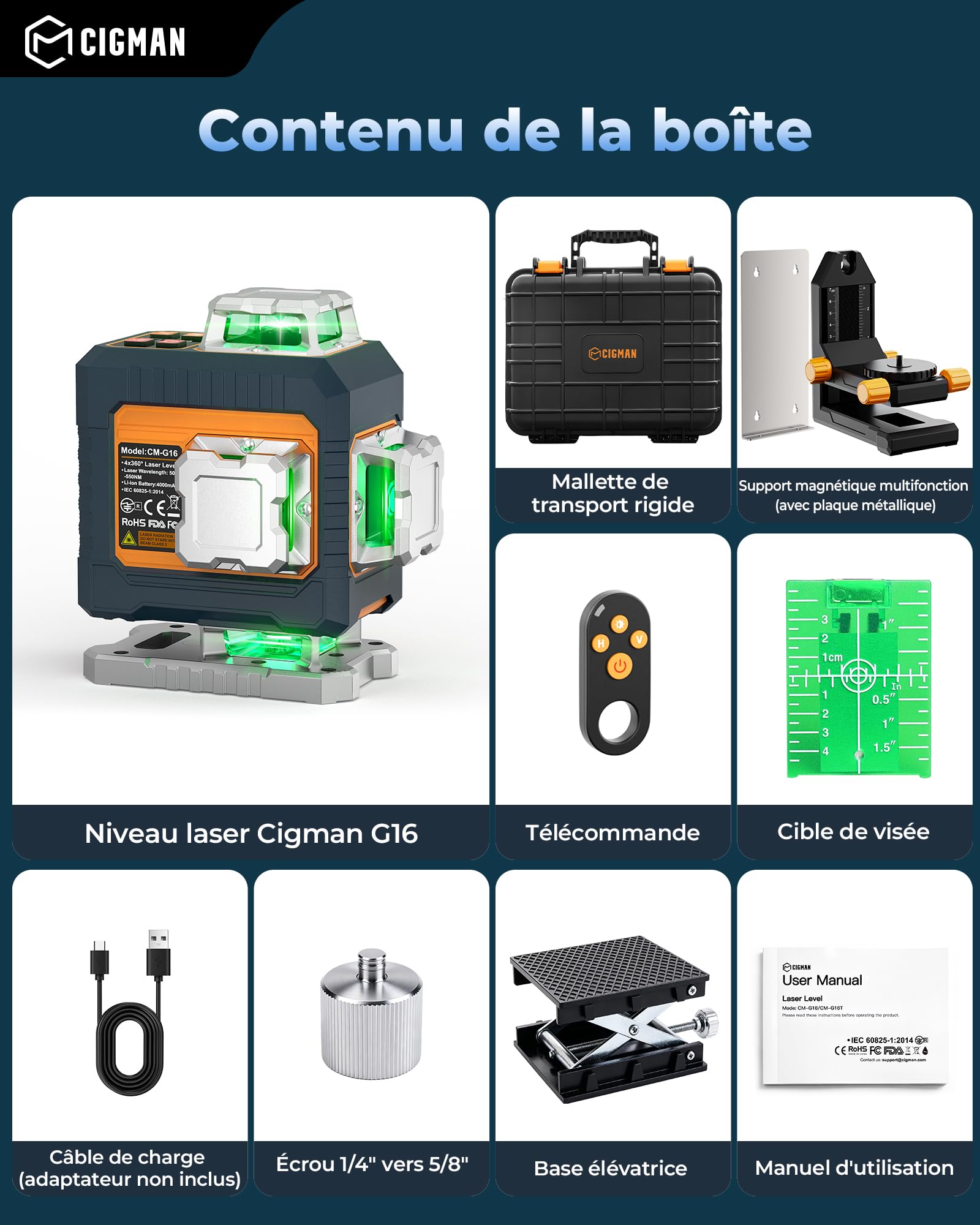 Niveau Laser Chantier 4x360° Autonivelant,CIGMAN Laser Vert Croisé avec App | Télécommande, Outil de Nivellement Professionnel pour Construction, Carrelage, Charpente, Plafonds Suspendus – CMG16