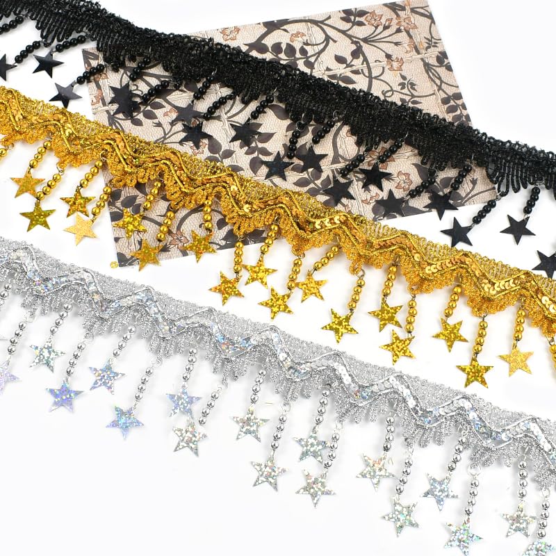 Generisch 1/2/4Meters Star Sequins Tassel Lace Gold Silver Beaded Fringe for Dance Dresses Trim Ribbon Party Tassels Sewing Accessories(RC444-LaserSilver-85,4Meters)