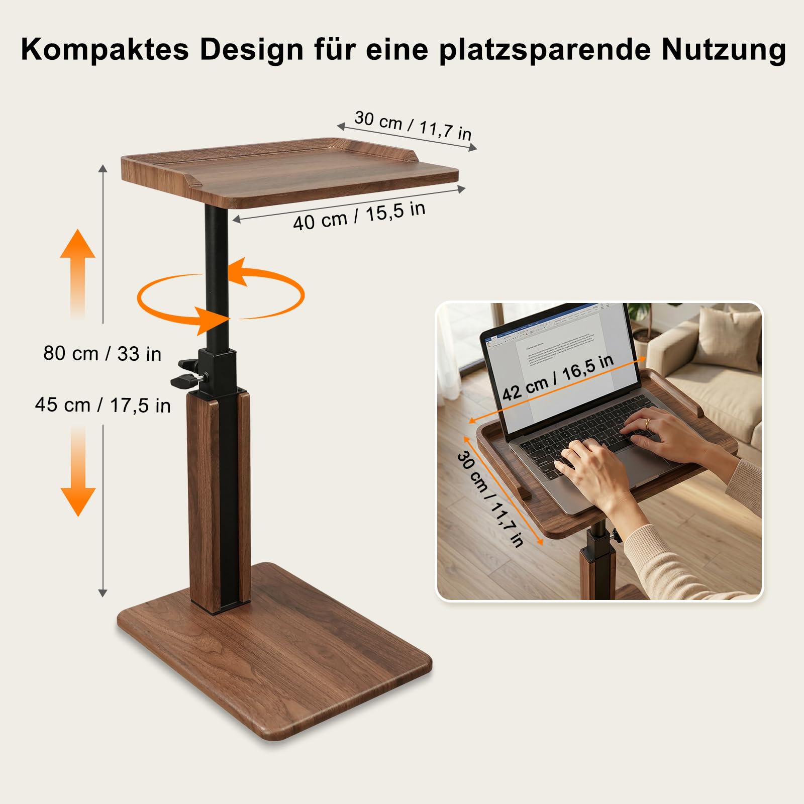 Beistelltisch Höhenverstellbar 45–80 cm, C Form Sofa Beistelltisch mit 3-seitigem Holzrand, Kleiner Sofatisch für Couch, Bett, Walnuss