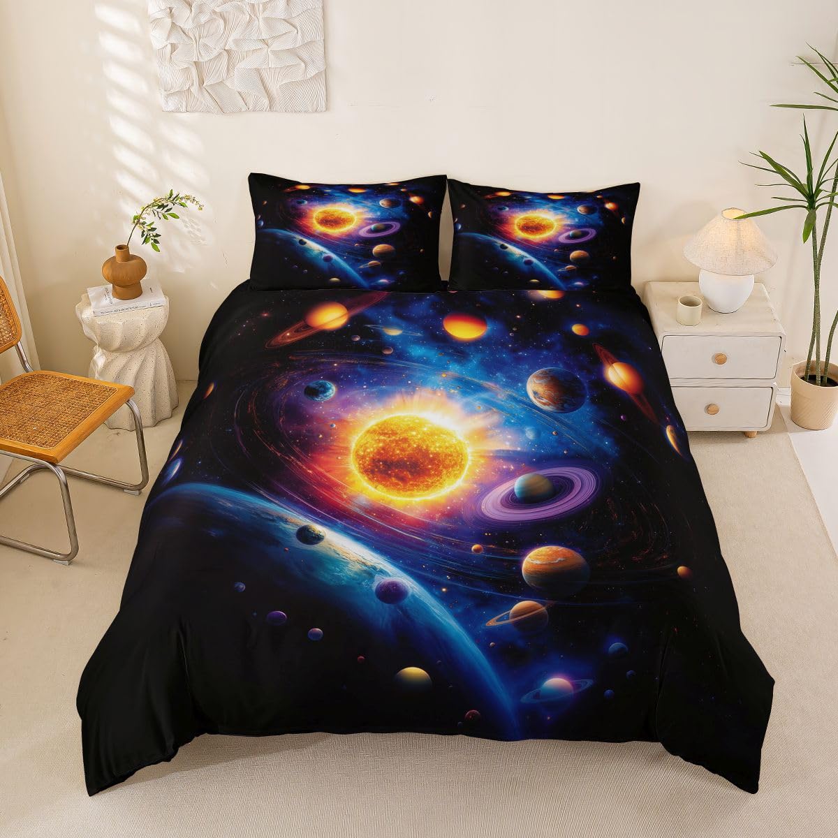 Homemissing Universe Stars Duvet Cover King Size Saturn Planet Comforter Cover for Boys Girls Galaxy Star Night Pattern Bedding Set 3Pcs Outer Space Room Decor