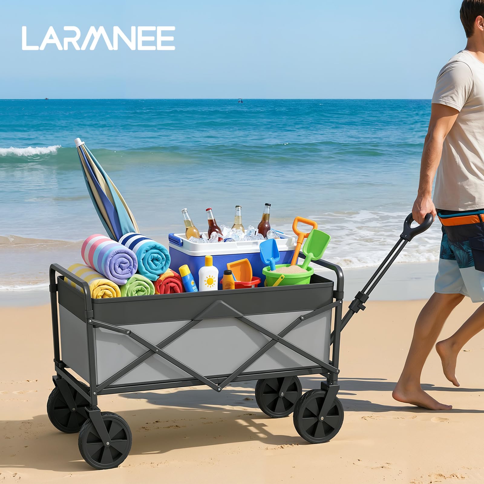 LARMNEE Faltbarer Handwagen, Gartenwagen, tragbarer Campingwagen mit verstellbarem Griff und 4 verstärkten Rädern, Bollerwagen, bis 120 kg belastbar, für Camping, Garten, Schwarz und Grau EBG01BW02