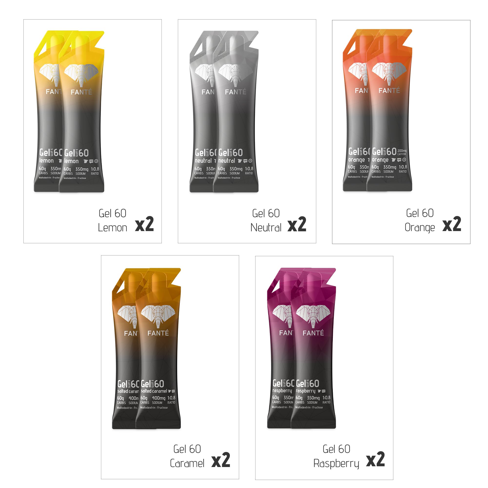 FANTÉ Pack Geles de 60 | 10 Geles Energéticos Surtidos | 2 Unidades de Cada Sabor para Running, Ciclismo y Deportes de Resistencia