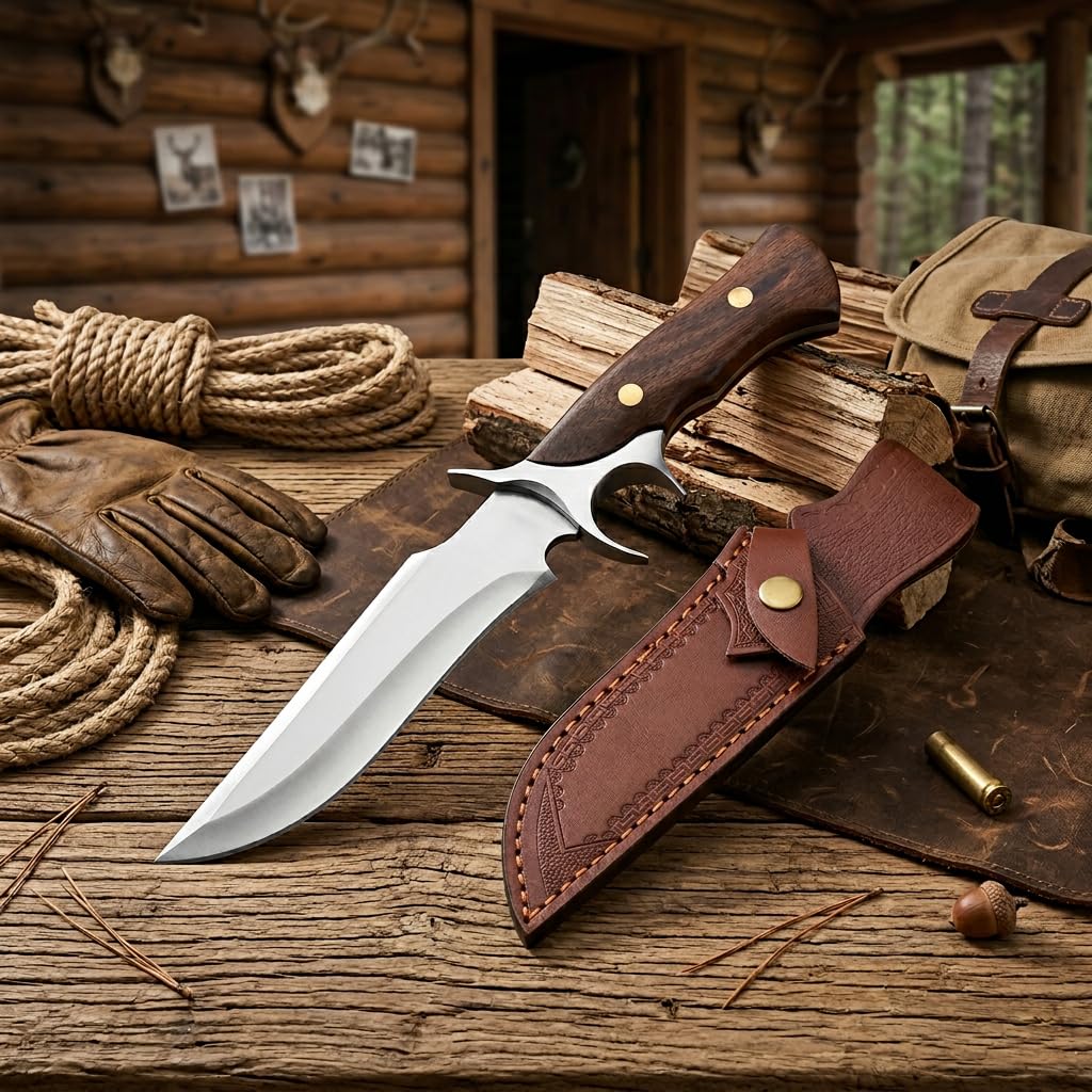 Outdoor Fahrtenmesser Feststehend - Profi Jagdmesser Scharf aus 440C Edelstahl mit Echtholz-Griff & Lederscheide - Full-Tang Survivalmesser für Camping, Bushcraft & Wandern - Geschenk für Männer
