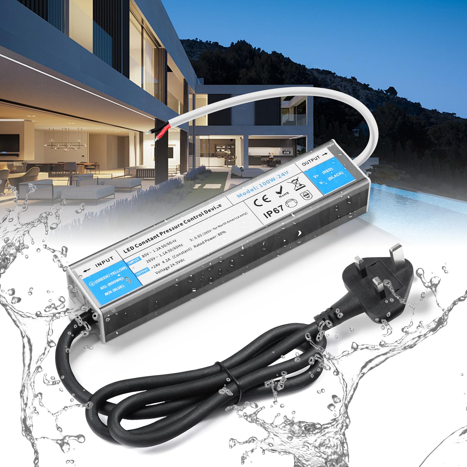 BRIMETI 24V LED Driver 100W LED Transformer Waterproof Outdoor IP67 AC 240V to DC 24V 4.16A Power Supply With Plug Constant Low Voltage Adapter for Strip Light Garden Shed Cabinet Light