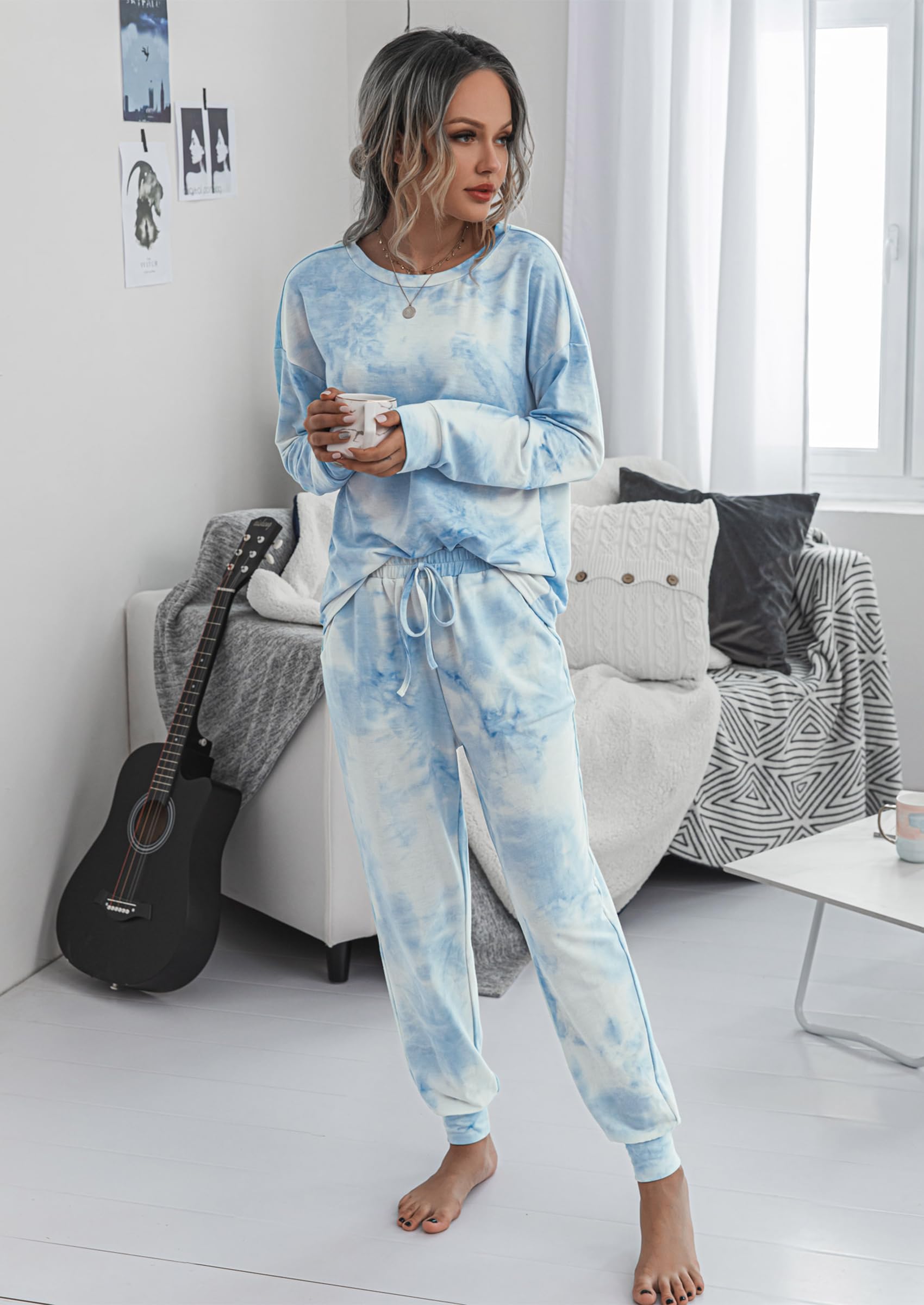 PRETTYGARDEN Women's Two Piece Loungewear Fall Casual Long Sleeve Tops Jogger Pants Pajama Sets Matching Outfits Clothing: Blue X-Large