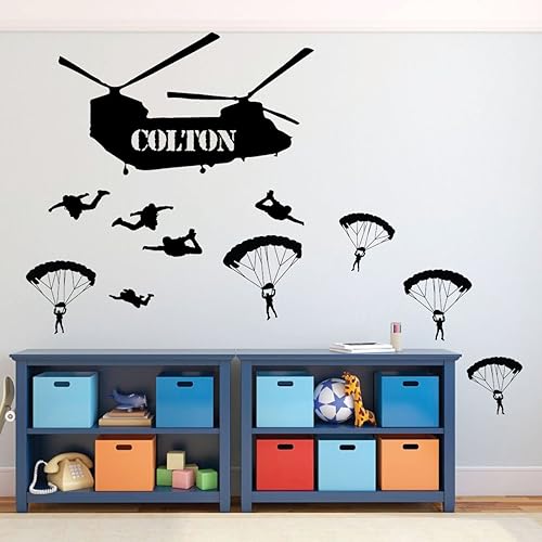 Miniatura 2 de Decoración de pared para habitación, chinook y paracaídas del ejército con nombre personalizado, calcomanías de vinilo para dormitorio de niños,