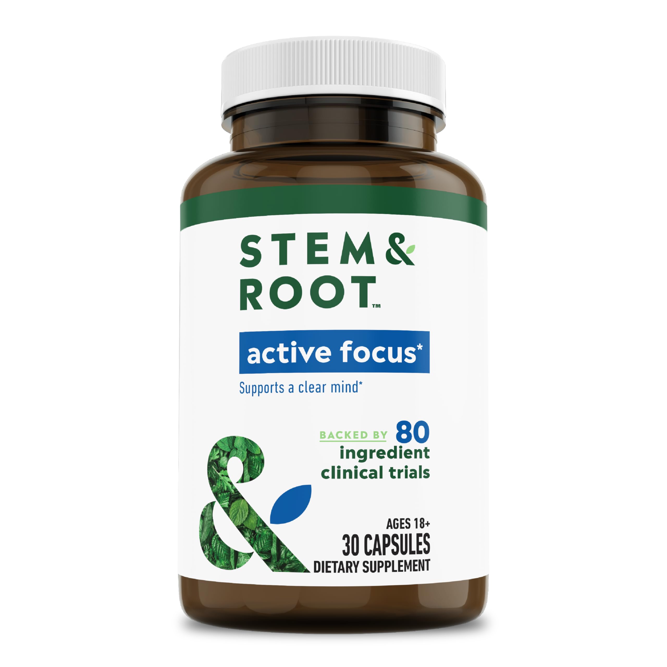 Stem & Root Active Focus Herbal Supplements with Caffeine, L-Theanine, & Ginseng to Support a Clear Mind, Improve Attention, Concentration, & Focus Capsules - 30 ct