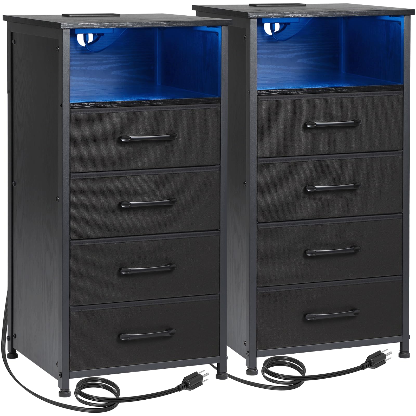 LOAKEKEL Night Stand Set 2, Tall Nightstand with Charging Station for Bedroom with 4 Drawers, LED End Tables with USB Ports and Outlets, Bedside Table