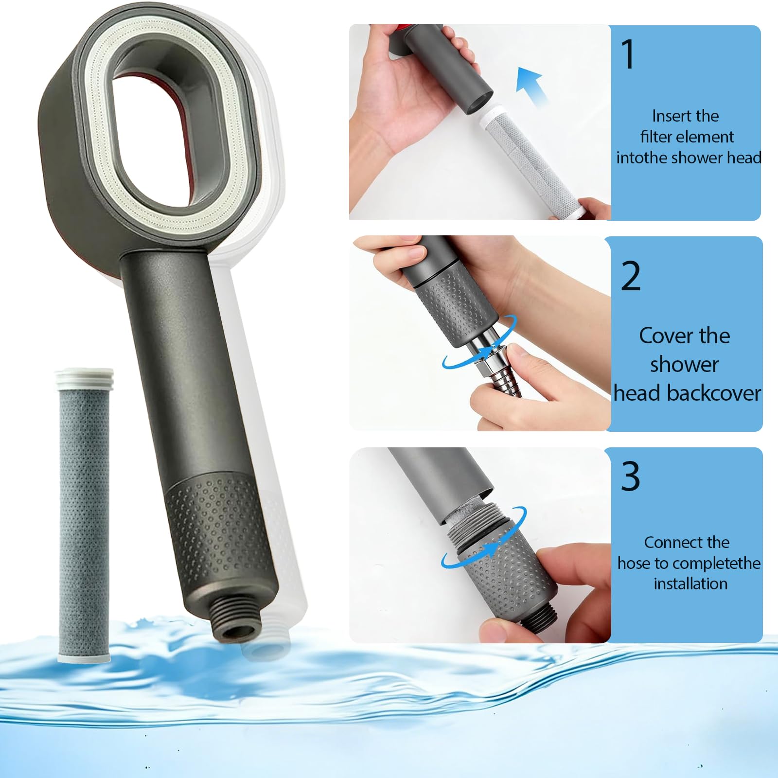 Alcachofa de ducha con filtro de carbón activo, cabezal de ducha de masaje de alta presión, 3 en 1, antical, elimina el cloro residual de agua dura y metales pesados + accesorios (rosa, filtro)