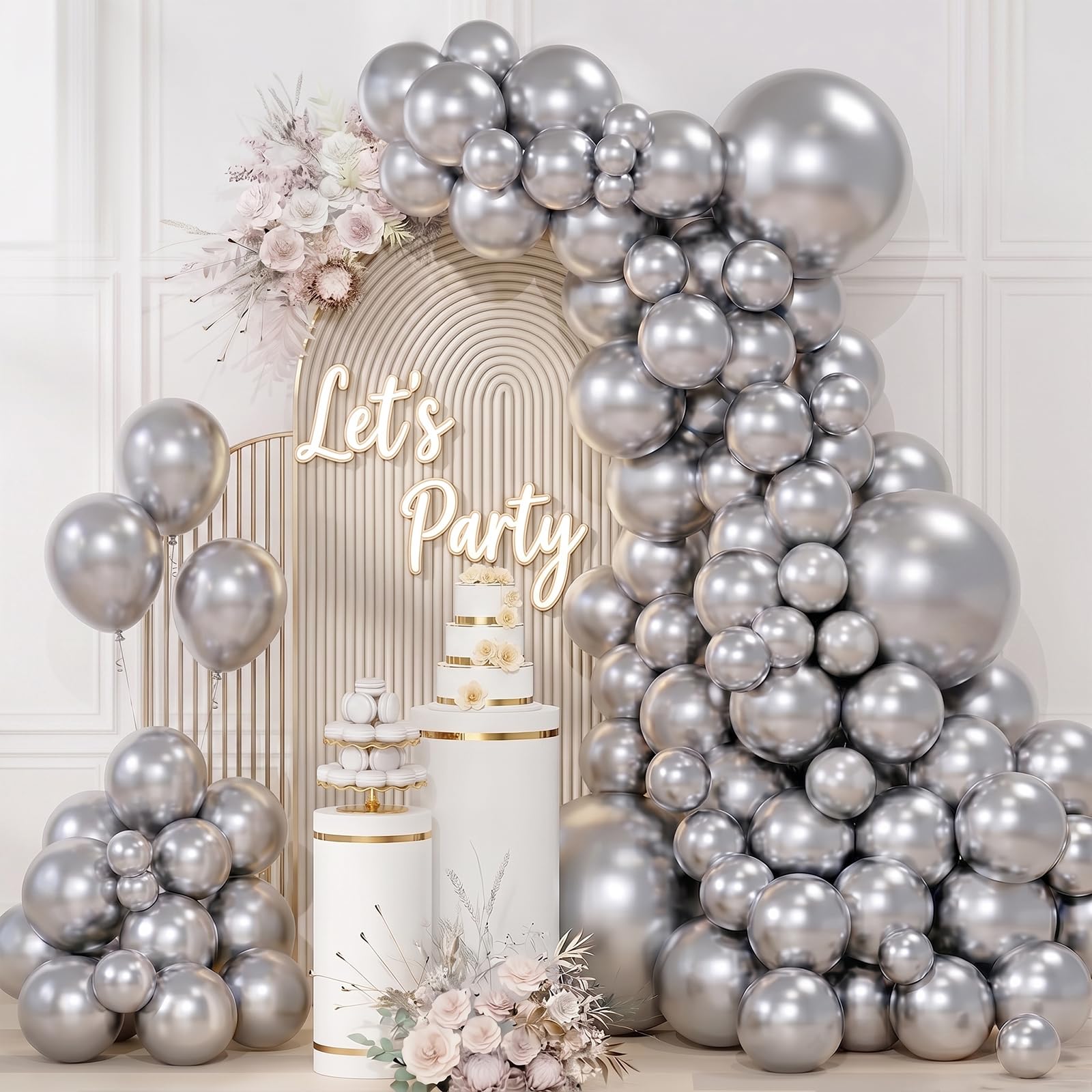 QIFU Silver Balloon Arch Kit - 100 Pcs Metallic Silver Balloon for Birthday