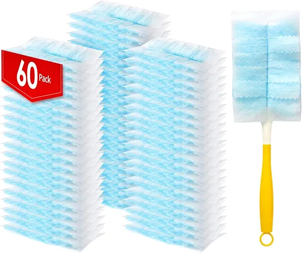Senowi 60 Count Electrostatic Duster Refills Compatible with Swiffer Duster,Multi-Surface Dusting Refills,Microfibre Dusters for Cleaning with 1Pcs Short Handle,Unscented