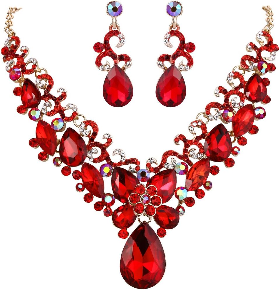 BriLove Women's Costume Fashion Crystal Teardrop Marquise Butterfly Filigree Enamel Statement Necklace Dangle Earrings Set