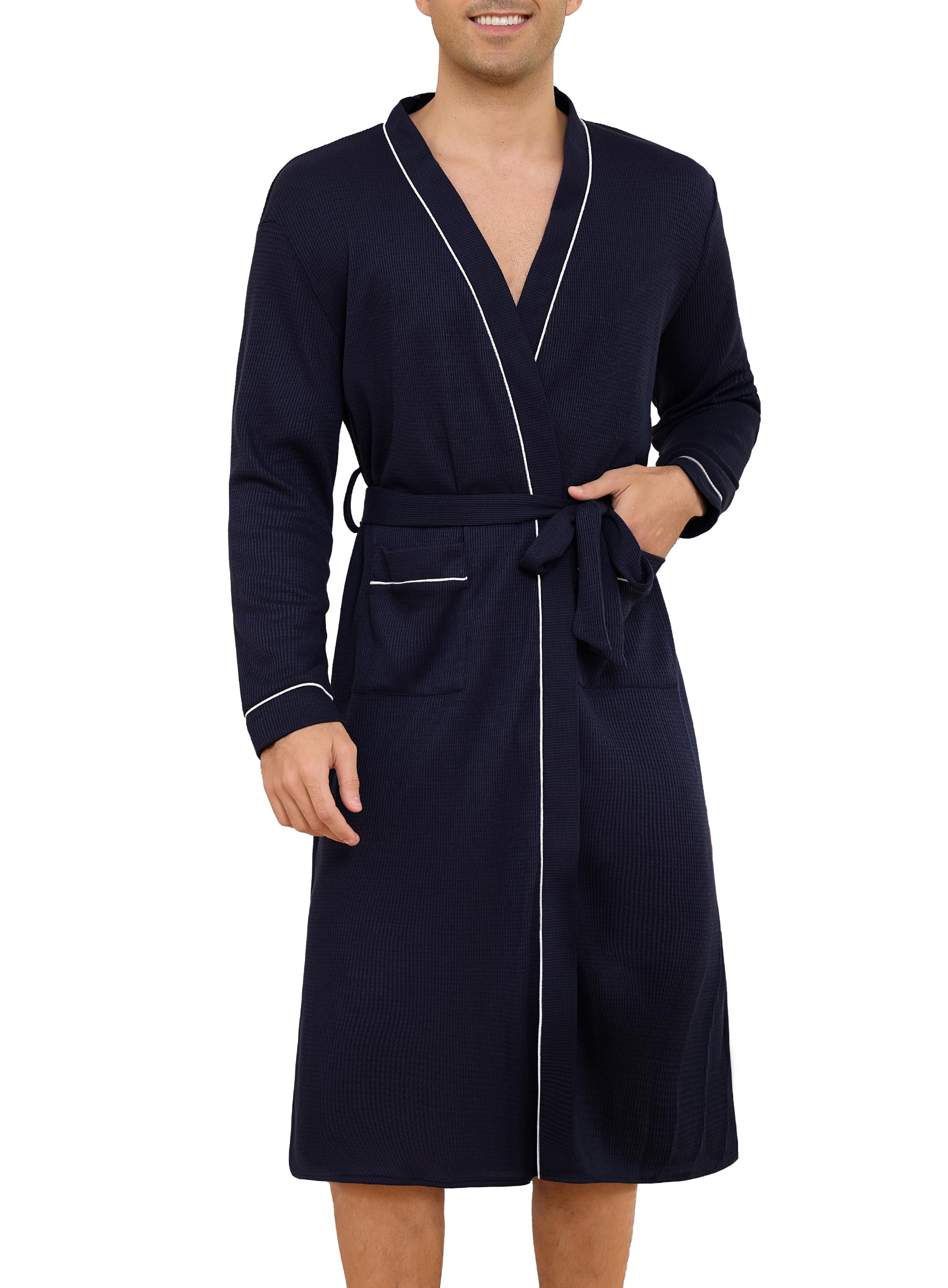 Lovasy Bademantel Waffelpique Herren Langarm Saunamantel Waffelstrick Morgenmantel Lang Loungewear mit Gürtel und Taschen