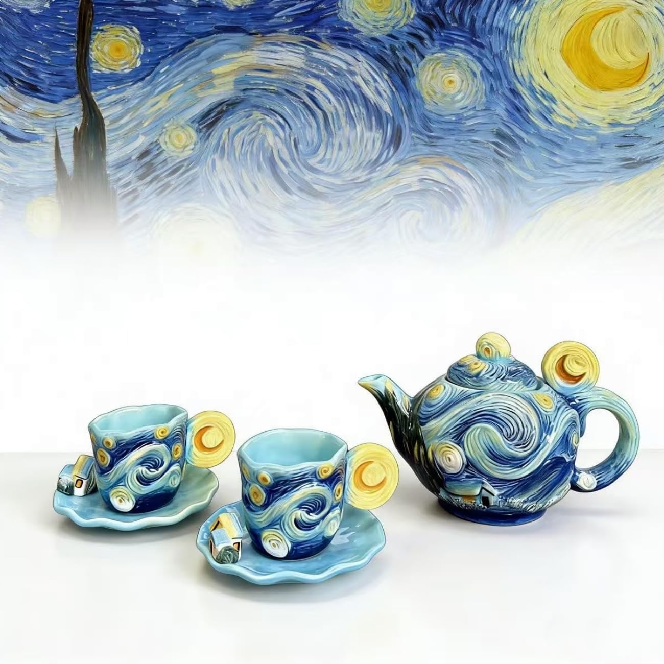 Starry Night Ceramic Tea Set - 5 Piece Hand-Painted Art Teapot Cup Saucer Set, Whimsical Swirl Kitchen Decor & Gift