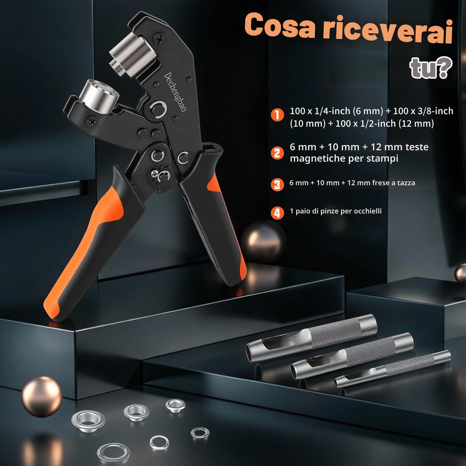 Set di pinze per occhielli con cricchetto con 300 occhielli in metallo, utensile per forare con dimensioni dei fori da 6 mm, 9 mm, 12 mm per tende, tende da campeggio, tela, vinile e