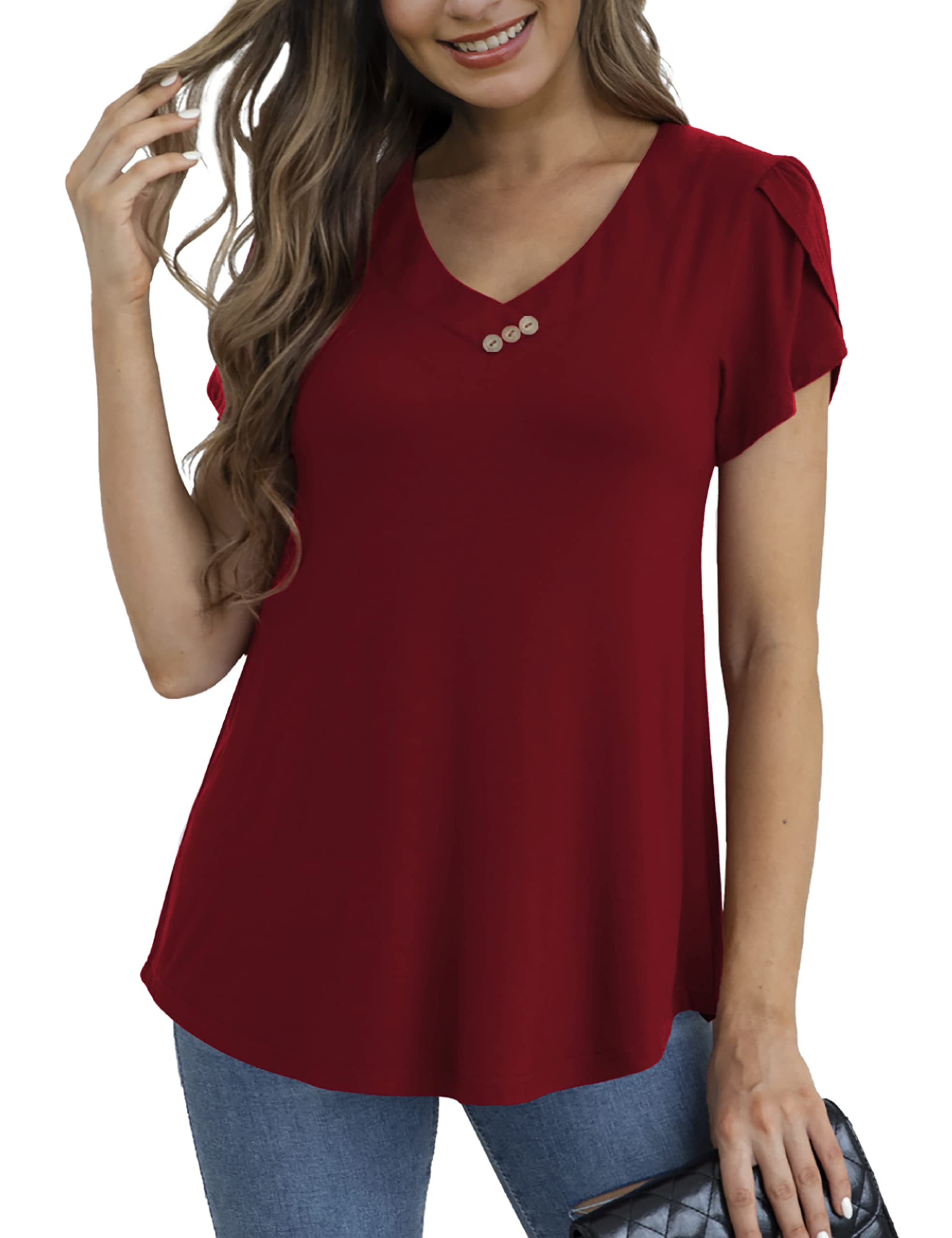 McVanedy Womens Tops Petal Sleeve Plus Size V Neck Solid Color Blouses