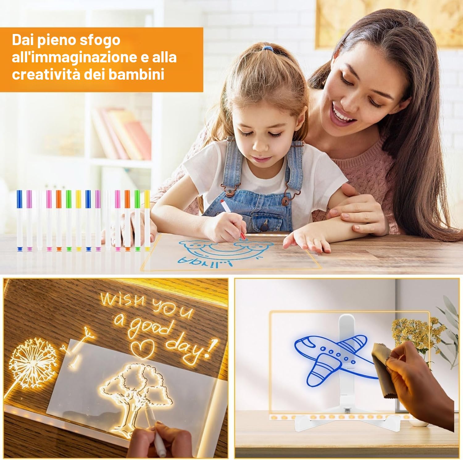 Lavagnetta LED con Colori, Bacheca Luminosa in Acrilico, Lavagna Trasparente con Luci LED, Bacheche LED per Scrivere, Lavagna LED per Disegnare per Bambini con Supporto, 7 Pennarelli - 30 * 20 cm